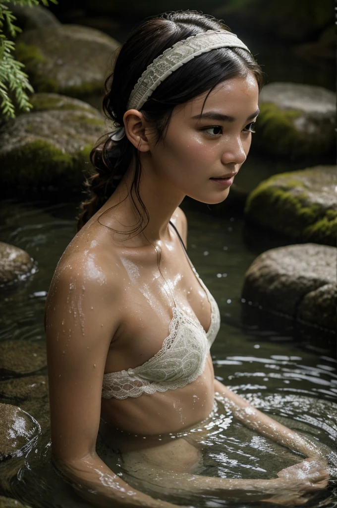 Best Quality, masterpiece, super high resolution, A super model submerged in hot springs in Japan., outdoor hot springs, stone hot springs, surrounded by moss and trees, super beautiful face, pure body, clear pores visible, (smile:0.8), using division (lace headband:1.2), (Realism:1.5), Photo original, soaked body, covered in sweat, bare shoulders, In the dark, deep shadows, low key, cold light