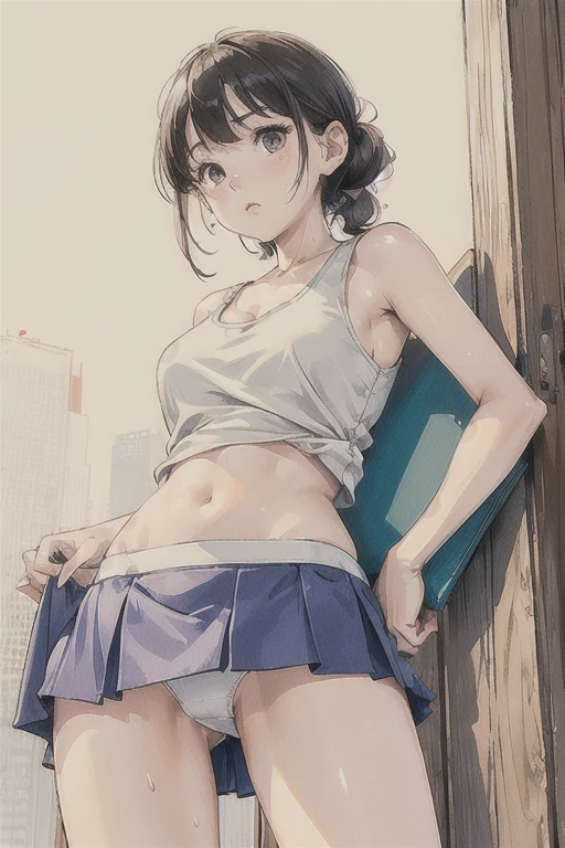 (masterpiece, Highest quality, High resolution), (Anna Tanaka), Tank top and mini skirt, White ultra-thin panties, One Girl, Browsing Caution, From below, Sweaty, return, Hunchback