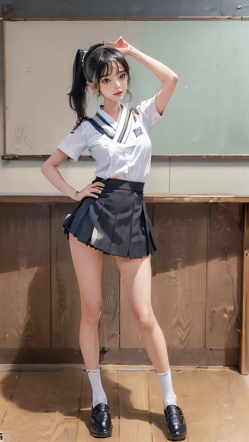 ((masterpiece)),(((最high quality))),(((Girl standing in a school classroom:1.7))),((Photographed from the back of the classroom, facing the blackboard:1.6)),(((Background of rows of desks:1.6))),(((The background is a modern, clean and tidy classroom.:1.6)))((((Photograph the whole body:1.8)))),((((((Stand up straight with your feet together:1.9)))))),((Thin thighs:1.5)),((Long legs:1.6)),(((Micro mini skirt uniform for high school girls:1.6))),((tall:1.8)),((Wearing Japanese summer school girl uniform:1.8)),((Slim Model body type:1.5)),((Thin legs:1.5)),((Wearing a white short-sleeved school shirt:1.3)),(Age is :1.3),bangs,A small smile,((pretty girl)),Slender girl,((Black Loafers:1.3)),((short white socks up to the ankles,:1.3)),cute,The thigh area below the groin is slim and firm,cute,(Black hair ponytail),Thin legs,Slim Model body type,Very small waist,Small hips,Long thighs,Thin thighs,Thin hands,Long hands,((((下からPhotograph the whole body:1.7)))),(((((k-popのIVEのWONYOUNGにそっくりの女の子:1.9))))),((Stretch your whole body straight:1.8)),((((Look only ahead:1.7)))),((tall:1.4)),(Stand with your legs straight and without bending your knees:1.7),((Stand up straight:1.9)),The ankles are super thin,beauty,Fine skin,Firm Skin,Realistically reproduced skin detail of thin legs,Very detailed, Attention to detail,high quality,Awards,High resolution,(Anatomically correct:1.3),(8k,RAW Photos,最high quality,masterpiece:1.5),(((Girl from belowPhotograph the whole body:1.7))),Height 173cm,((Stand up straight with your feet together:1.8)),((Stand up straight with your feet together:1.7)),(((Keep your back straight:1.8))),((I'looking forward to it:1.2)),9 head beauty,Model body type,((Inseam is half the height:1.5)),(Thin thighs),((k-popのIVEのWONYOUNGにそっくりの女の子:1.5)),RAW Photos,Firm Skin,Fine skin,toned muscular legs,Attention to detail,vivid,Skin Texture,Genuine skin feel,Perfect composition,beautiful,Very detailed,High chroma,Genuine,eyeliner,eye shadow,High nose,Small nostrils,Small Mouth,Seductive lips,,(((High school student shirt with red ribbon on the chest:1.3))),beautiful girl,beautiful girl