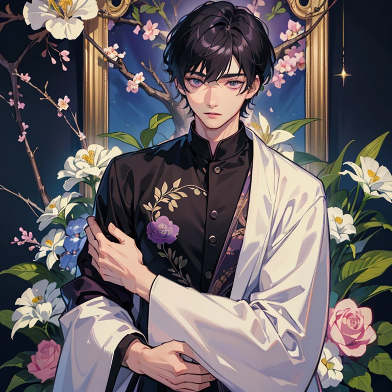 masterpiece、Highest quality、Perfect body、Subtle facial details、good lookingの男性1人、20th Generation,alone,Purple eyes,Black Hair,short hair,Look straight ahead,Authentic texture,Perfect Face,good looking,Simple clothing,Gloomy atmosphere、Modern clothing,Floral decoration