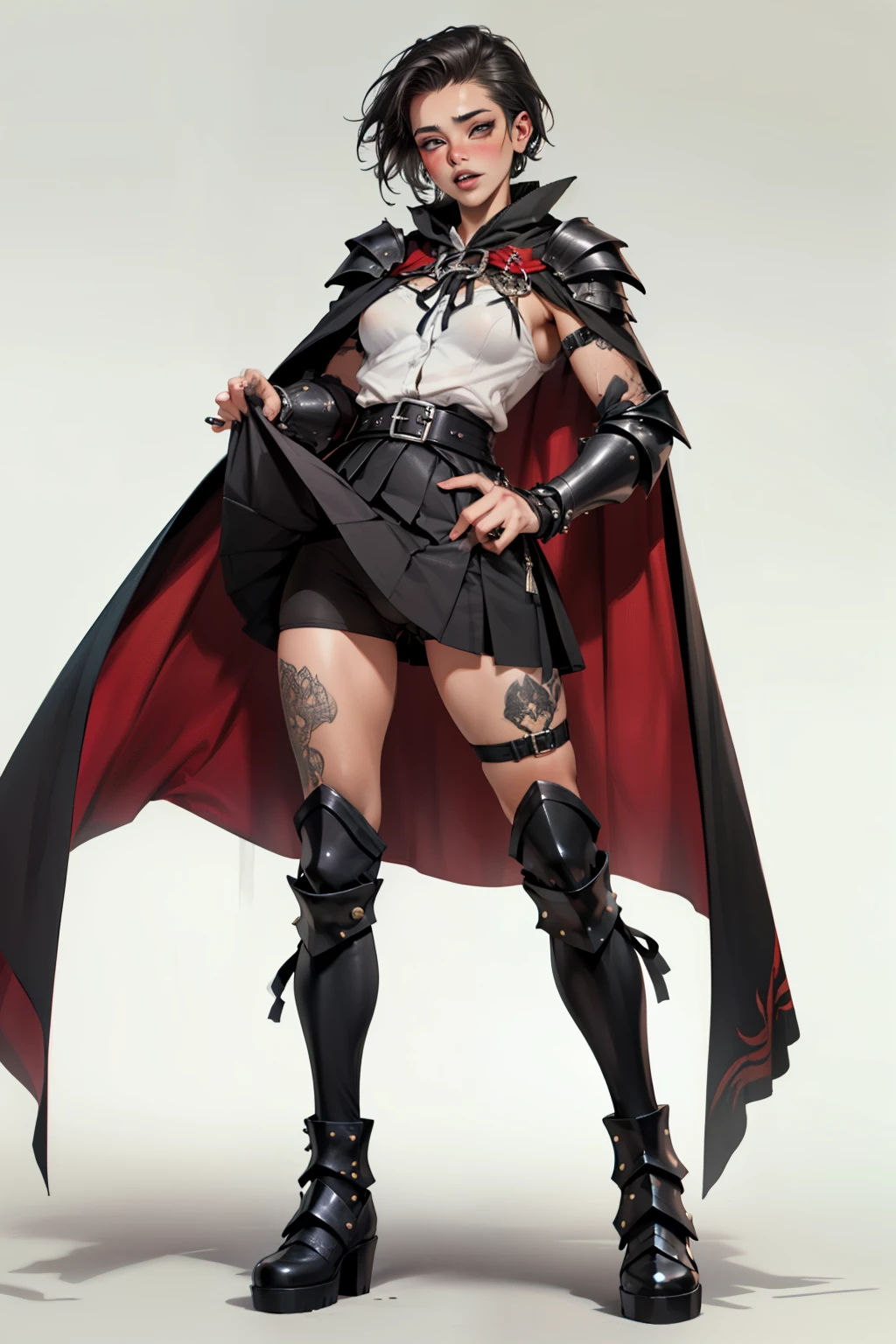 (high resolution, pixel perfect, gorgeous illustrations), (hyper quality, muste piece, etheric: 1.4), (cowboy shot), face focus, ((1girl)), (((boyish))), (((18 years old))), (hairy_woman), (((((punk))))), hot Rocker punk girl, ((((skirt lift, open stance)))), cool atmosphere, black hair, ((((very_short_hair, slicked_back_hair)))), (((piercing))), eyelid_piercing, nose_piercing, (((Exquisite face, orgasm))), blush, ((black_lips)), tattoo, ((((muscular_female)))), (ideal ratio body proportions, slender, small breasts), fighter, ((((waist-cape armor)))), (((cameltoe))), shiny skin, gleaming skin, simple background,