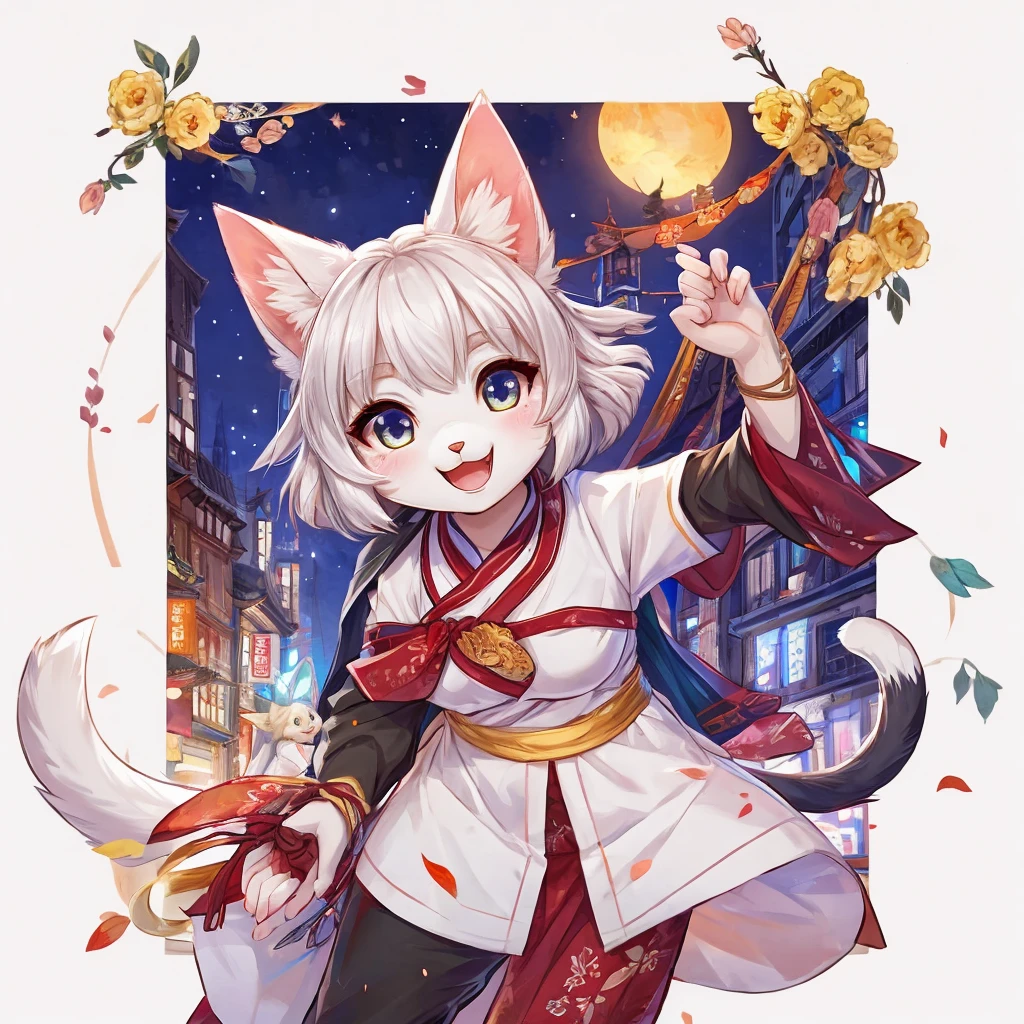 White cat,PhD,cute,Girl,A-cup breasts,Happy smile,Hanfu,City night scene,Cat's Tail