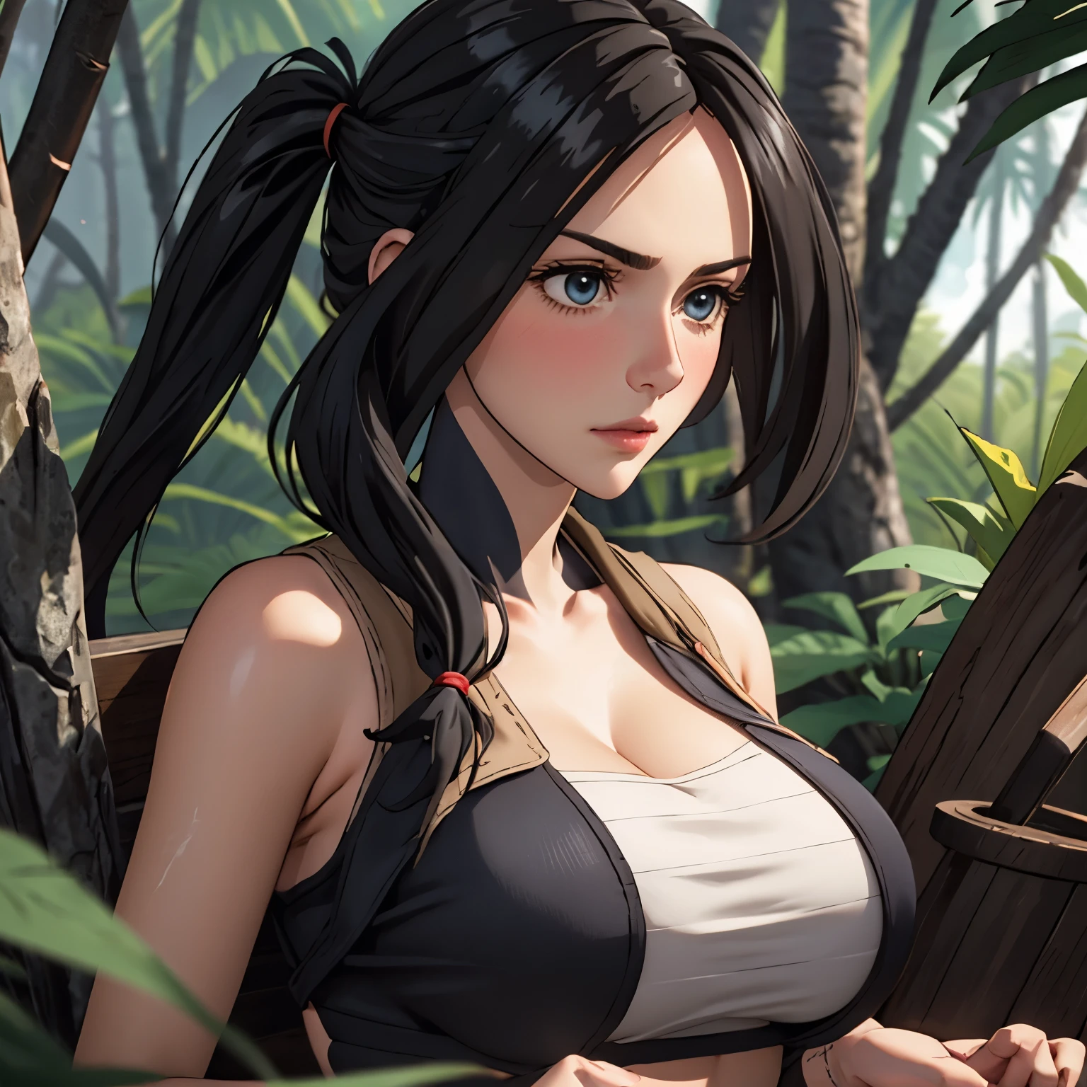 one day. 30 year old woman. black hair thick pigtails, strands of hair between his eyes. light blue eyes, big breasts, serious expression, blush, Pale skin, big breasts, lara croft costume, Lara Croft cosplay background a temple in the jungle. neckline.