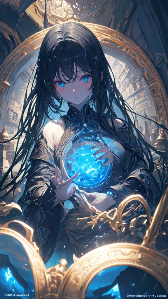 (masterpiece, Highest quality, Very detailed, Best Shadow), (Detailed Background,Dark fantasy), (Beautifully detailed landscapes), High Contrast, (Best lighting, Very delicate and beautiful), ((Cinematic Light)), colorful, Hyper Detail, Dramatic Light, Intricate details, Dynamic Angle), Black light swirling around, Depth of written boundary,black light particles,(Broken glass),magic circle,water,huge clocks,zero,the sun and the moon,Landscape only,There are no people,Watch Center,A clock sinking in water,Blue glowing light,Huge tower and city,Landscape,青く輝く光