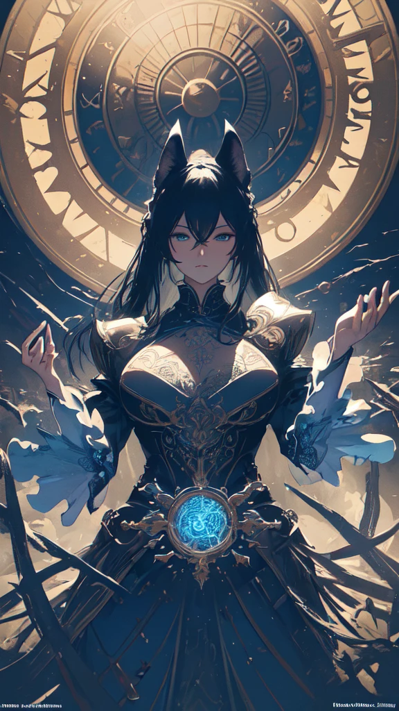(masterpiece, Highest quality, Very detailed, Best Shadow), (Detailed Background,Dark fantasy), (Beautifully detailed landscapes), High Contrast, (Best lighting, Very delicate and beautiful), ((Cinematic Light)), colorful, Hyper Detail, Dramatic Light, Intricate details, Dynamic Angle), Black light swirling around, Depth of written boundary,black light particles,(Broken glass),magic circle,water,huge clocks,zero,the sun and the moon,Landscape only,There are no people,Watch Center,A clock sinking in water,Blue glowing light,Huge tower and city,Landscape,青く輝く光
