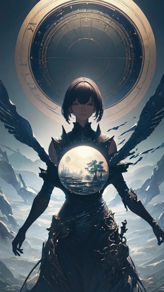(masterpiece, Highest quality, Very detailed, Best Shadow), (Detailed Background,Dark fantasy), (Beautifully detailed landscapes), High Contrast, (Best lighting, Very delicate and beautiful), ((Cinematic Light)), colorful, Hyper Detail, Dramatic Light, Intricate details, Dynamic Angle), Black light swirling around, Depth of written boundary,black light particles,(Broken glass),magic circle,water,huge clocks,zero,the sun and the moon,Landscape only,There are no people,Watch Center,A clock sinking in water,Blue glowing light,Huge tower and city,Landscape,青く輝く光