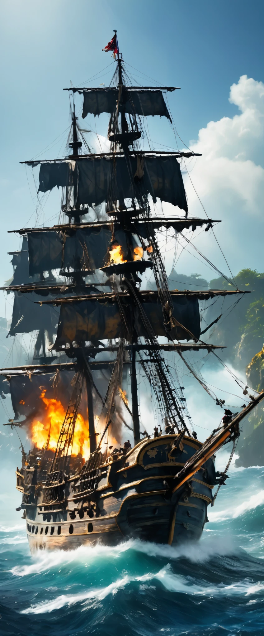 (8k, Highest quality, masterpiece)，{Realistic, RAW Photos, Super Fine Clear, Impressionist painting, (Impressionist paintingの影響を受けた, Pirates of the Caribbean:1.6)}, naval battle, Pirate Combat, Deadly Combat, Fierce Battle, Heat,, Vibrant