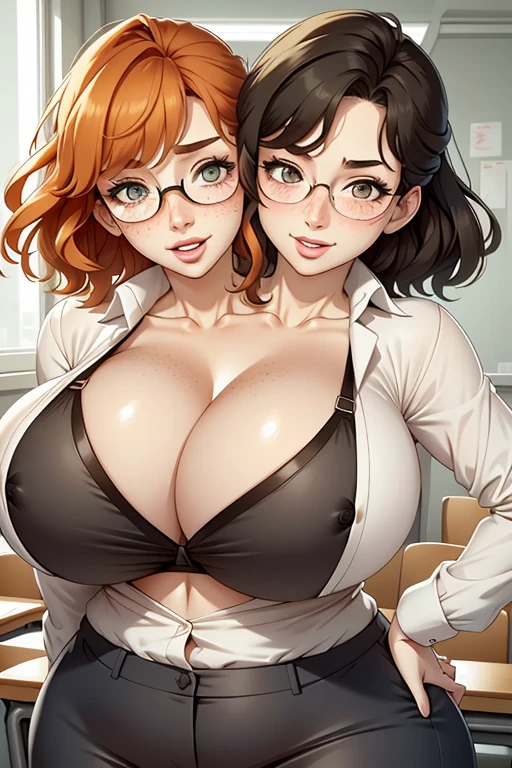 2heads, a tall chubby woman with 2 heads. She is wearing unbuttoned business attire, bra underneath. Deep cleavage. She is in a classroom. Teacher. She looks motherly, caring. Large circular glasses. She is smiling wide. She has messy orange hair in a bun. Ginger, pale skin, many freckles all over body. She is very tall. She looks mature. Blushing, aroused. Unbuttoned shirt with bra underneath. Extreme freckles. Giant hard nipples.