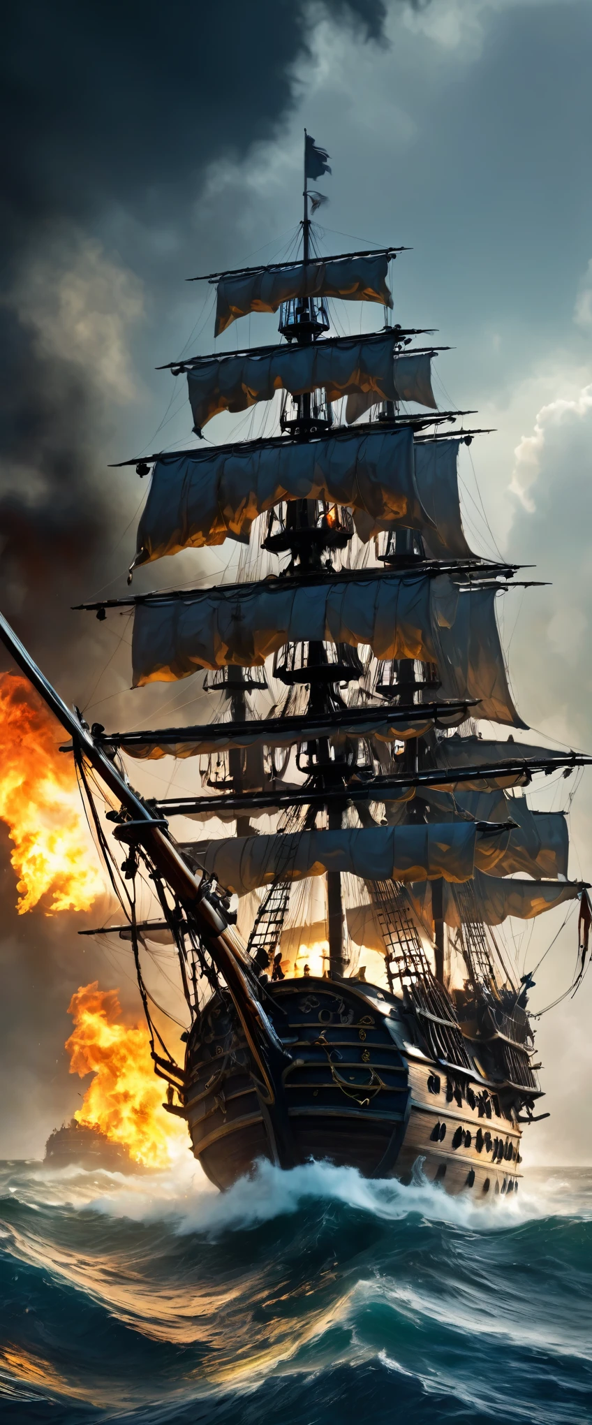 (8k, Highest quality, masterpiece)，{Realistic, RAW Photos, Super Fine Clear, Impressionist painting, (Impressionist paintingの影響を受けた, Pirates of the Caribbean:1.6)}, naval battle, Pirate Combat, Deadly Combat, Fierce Battle, Heat,, Vibrant