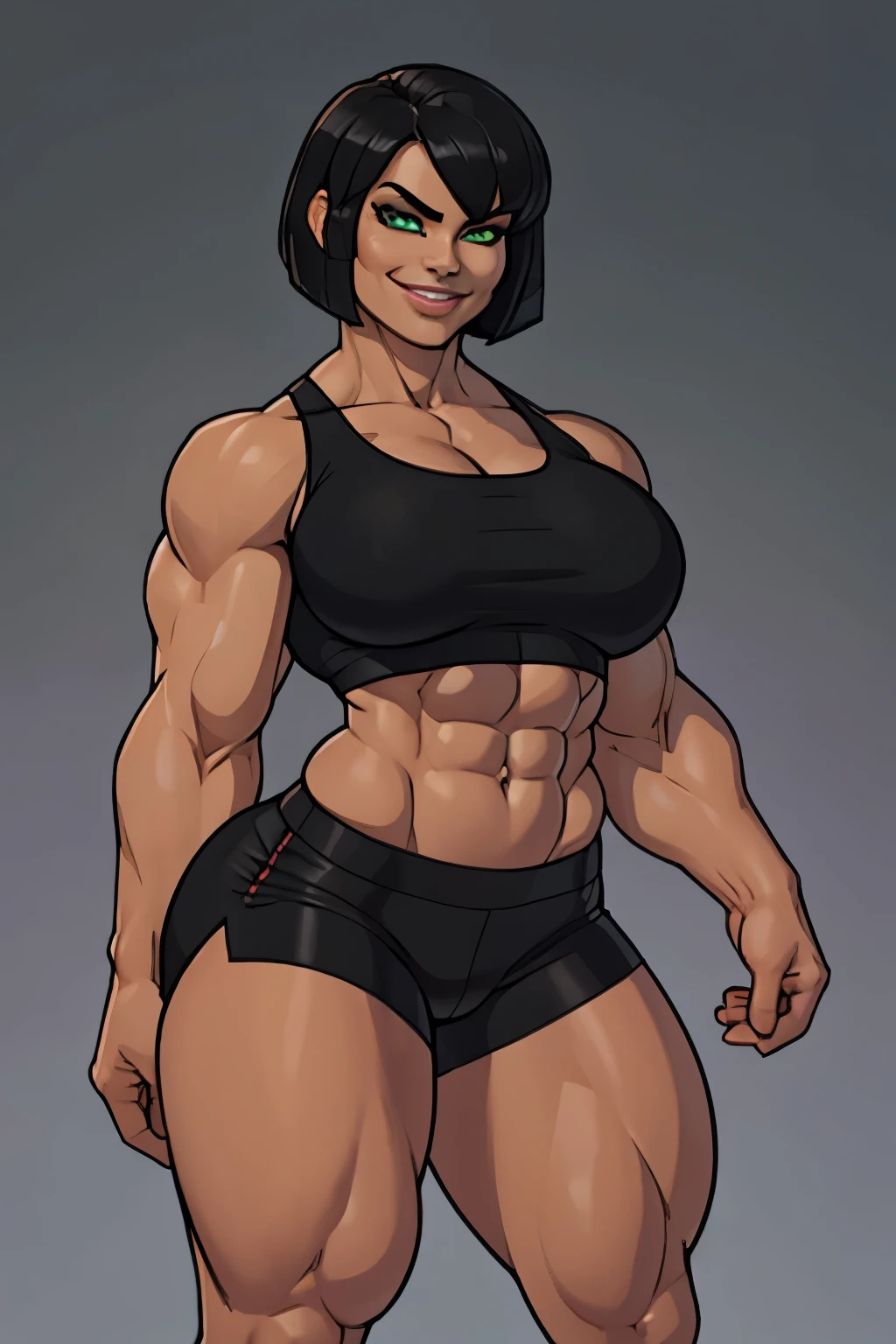 old extremely muscular woman, flawless perfectly trained body, Zero body fat, Powerful and muscular, sadistic dominant woman, excellent muscle definition, short black bob haircut, pale skin, green eyes, wear a black crop top and skinny black shorts, light cold smile