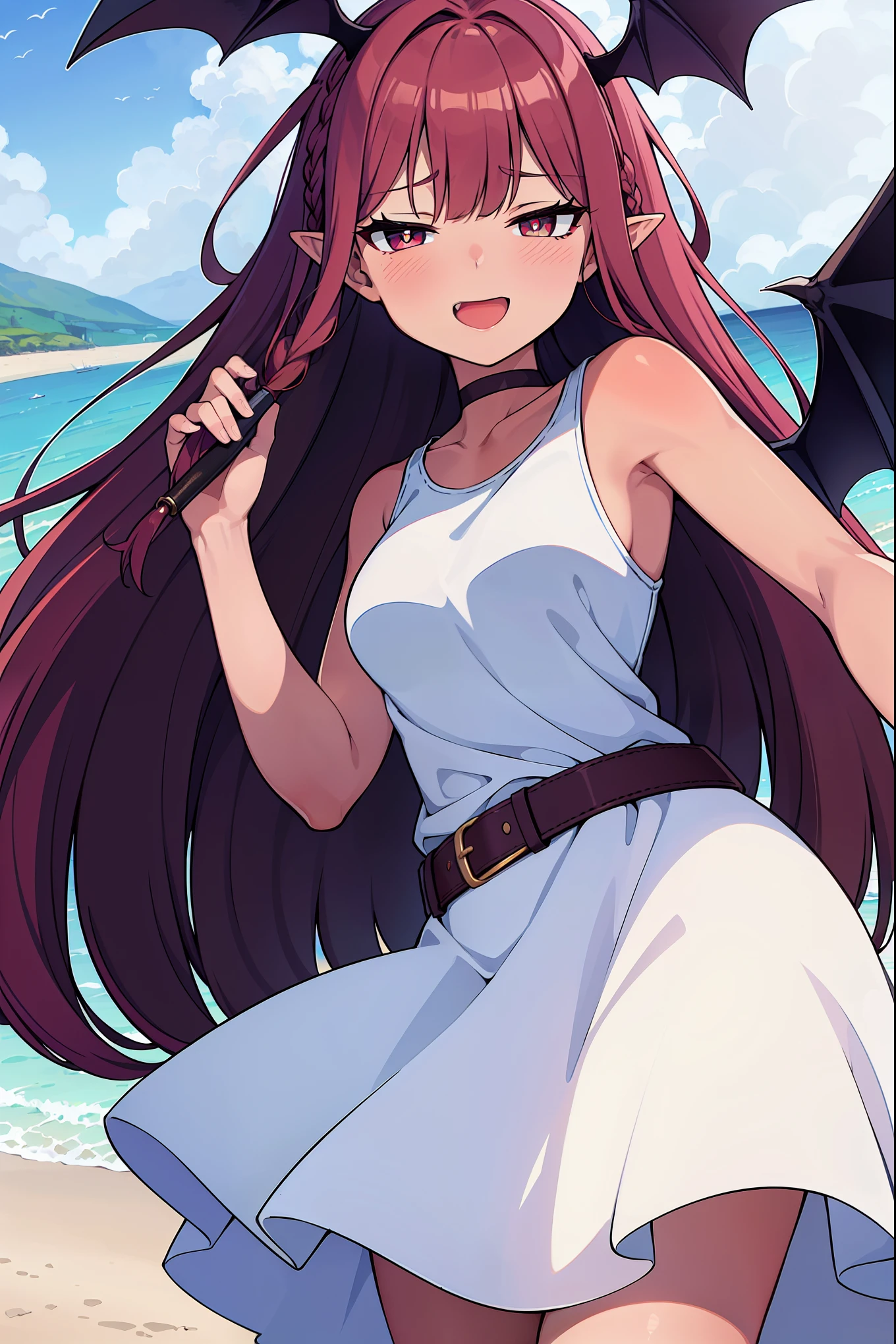 sfw, (cowboy shot), (ultra-high resolution, depth of field:1.3), 1woman, elegant, (((tan skin))) ((light red hair)), long hair, (single braid), choker, (hazel eyes:1.1), white pupils, succubus, (bat wings on the head), pointy ears, medium breasts, (intricate white sundress), belt, confident smile, beach, nearshore, bar