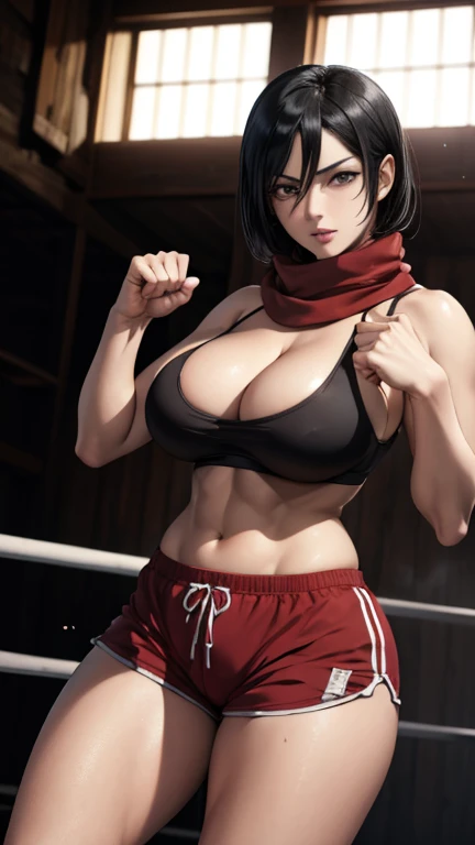 (best quality, masterpiece), Mikasa Ackerman, black hair,  solo , red scarf, boxing, in ring, sports bra, standing, thigh legs, big breasts, cleavage, shorts, sweat  looking_at_viewer