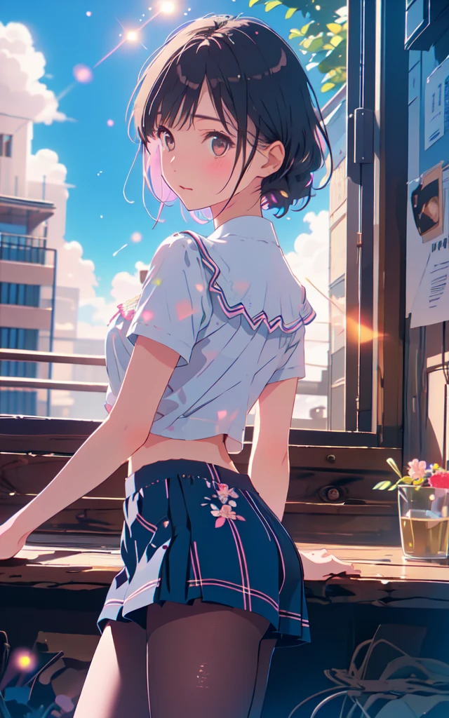 Front facing, facing this way、
Gal&#39;s more beautiful smile、
More cute casual summer outfits、Cute mini skirt、
More beautiful thighore beautiful colorful pantyhose、
Beautiful dark clouds, (Cowboy Shot:1.4), Beautiful and realistic, 
Beautiful masterpiece, Beautiful and top quality, Beautiful backlight, (Lens flare:1.1), (bloom:1.1), (chromatic aberration:1.1)

flowerpunk
