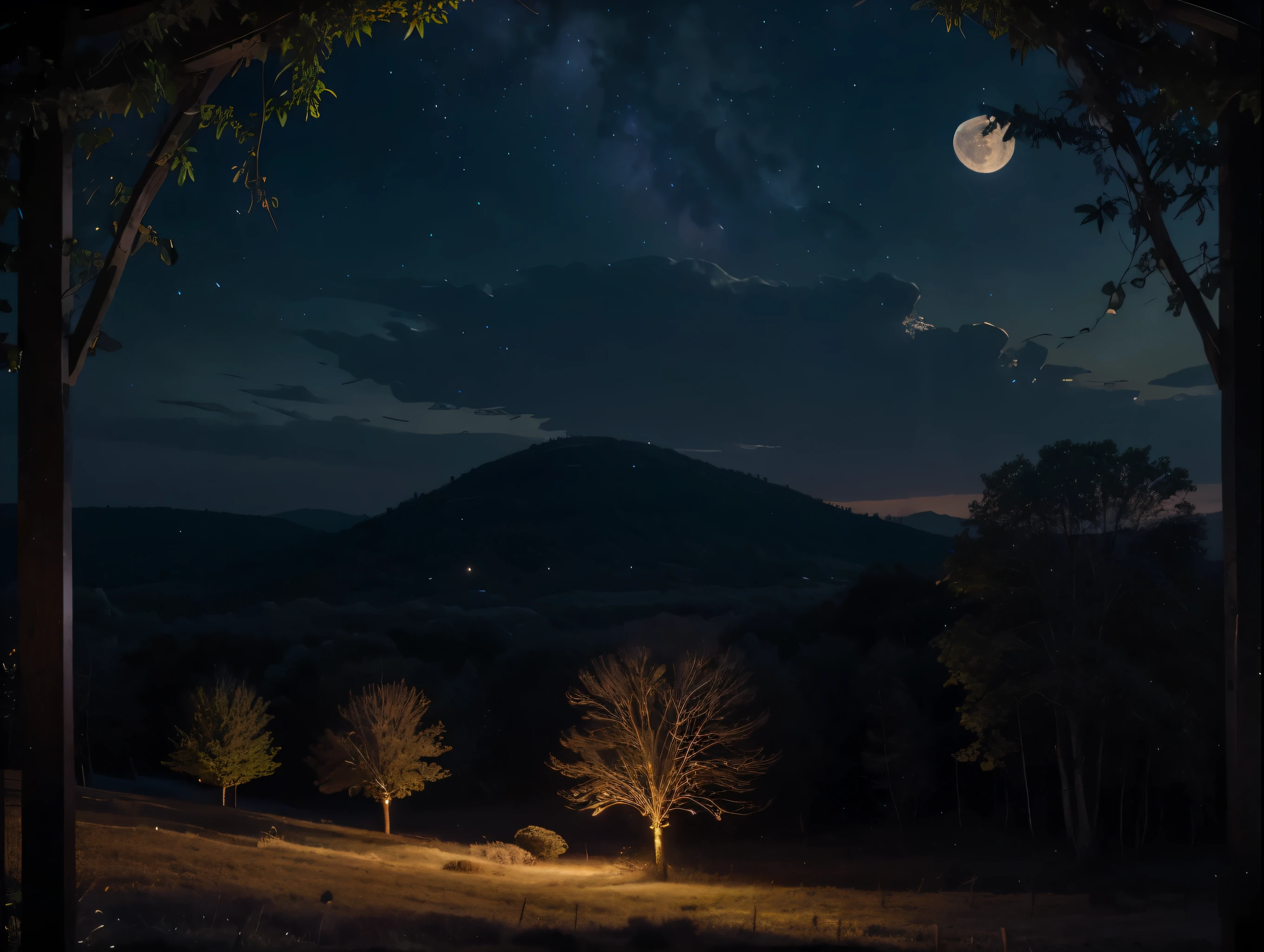 a stunning night landscape, a large full moon in the night sky, a wooden frame surrounding the scene, detailed foliage, intricate tree branches, glowing fireflies, atmospheric lighting, moody blues and purples, mystical and enchanting mood