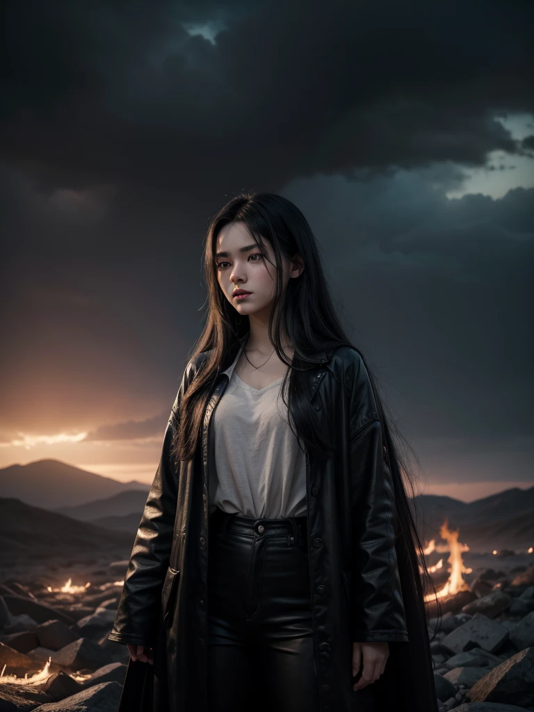 a beautiful young woman, 20 years old, small breaats, with long black hair and dark eyes, standing between heaven and hell, heaven light, hell fire cinematic lighting, dramatic atmosphere, hyper detailed, 8k, photorealistic, masterpiece