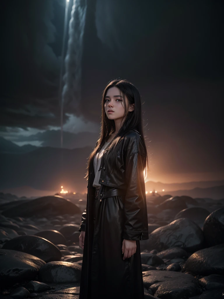 a beautiful young woman, 20 years old, small breaats, with long black hair and dark eyes, standing between heaven and hell, heaven light, hell fire cinematic lighting, dramatic atmosphere, hyper detailed, 8k, photorealistic, masterpiece