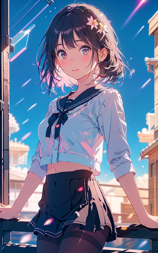 Front facing, facing this way、
Gal's more beautiful smile、
More cute casual summer outfits、Cute mini skirt、
More beautiful thighore beautiful colorful pantyhose、
Beautiful dark clouds, (Cowboy Shot:1.4), Beautiful and realistic,
Beautiful masterpiece, Beautiful and top quality, Beautiful backlight, (Lens flare:1.1), (bloom:1.1), (chromatic aberration:1.1)
flowerpunk