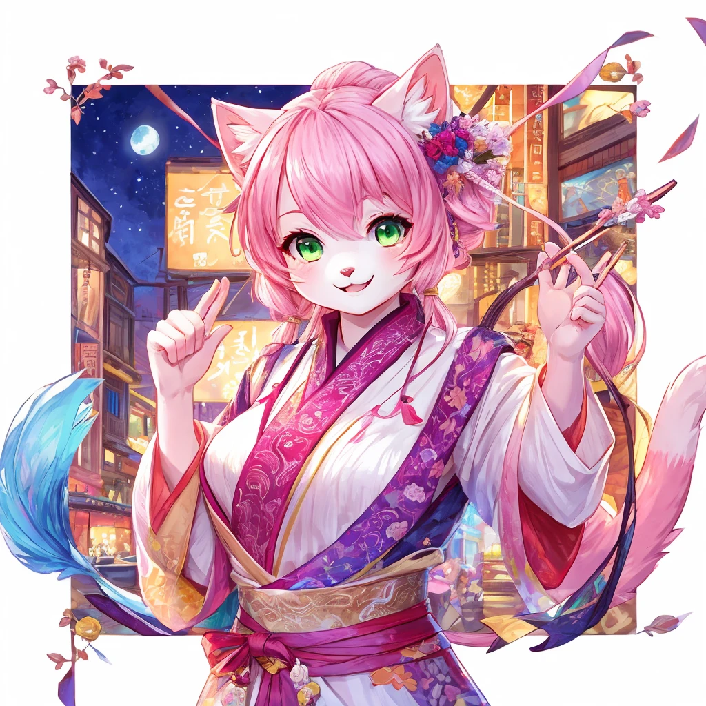 White cat,Pink Hair,Green eyes,cute,Girl,A-cup breasts,Happy smile,Hanfu,City night scene,Pink cat tail