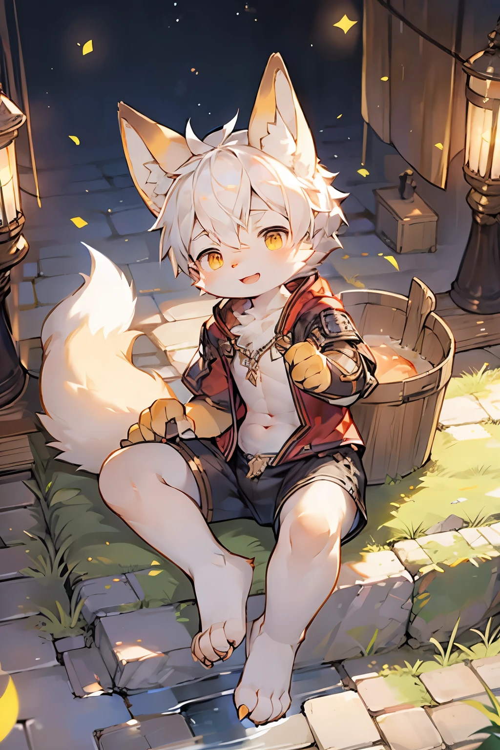 Fox Boy,Furry boys,Infant and child characteristics,White hair,Yellow skin,White Arm,Brave Suit,shorts,Medieval town background