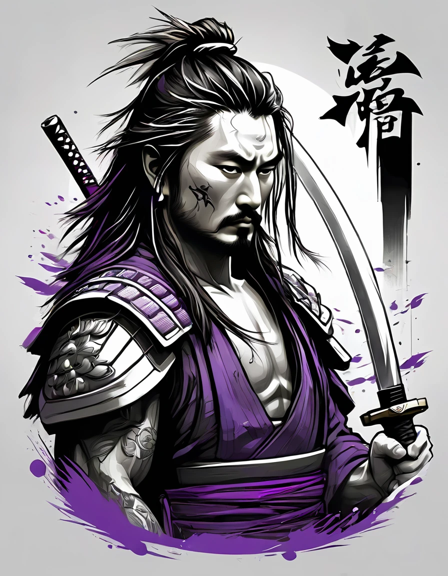 creative logo illustration black and white drawing of a long hair samurai holding a sword surrounded by green bamboo and purple ravens, combined the black and white drawing with the vibrant digital colors by dan mumford, jean pierre mong, alex janvier, frank frazetta, sketch, bold outlines, high definition, intricat details, vibrant colors, negative space, tshirts design