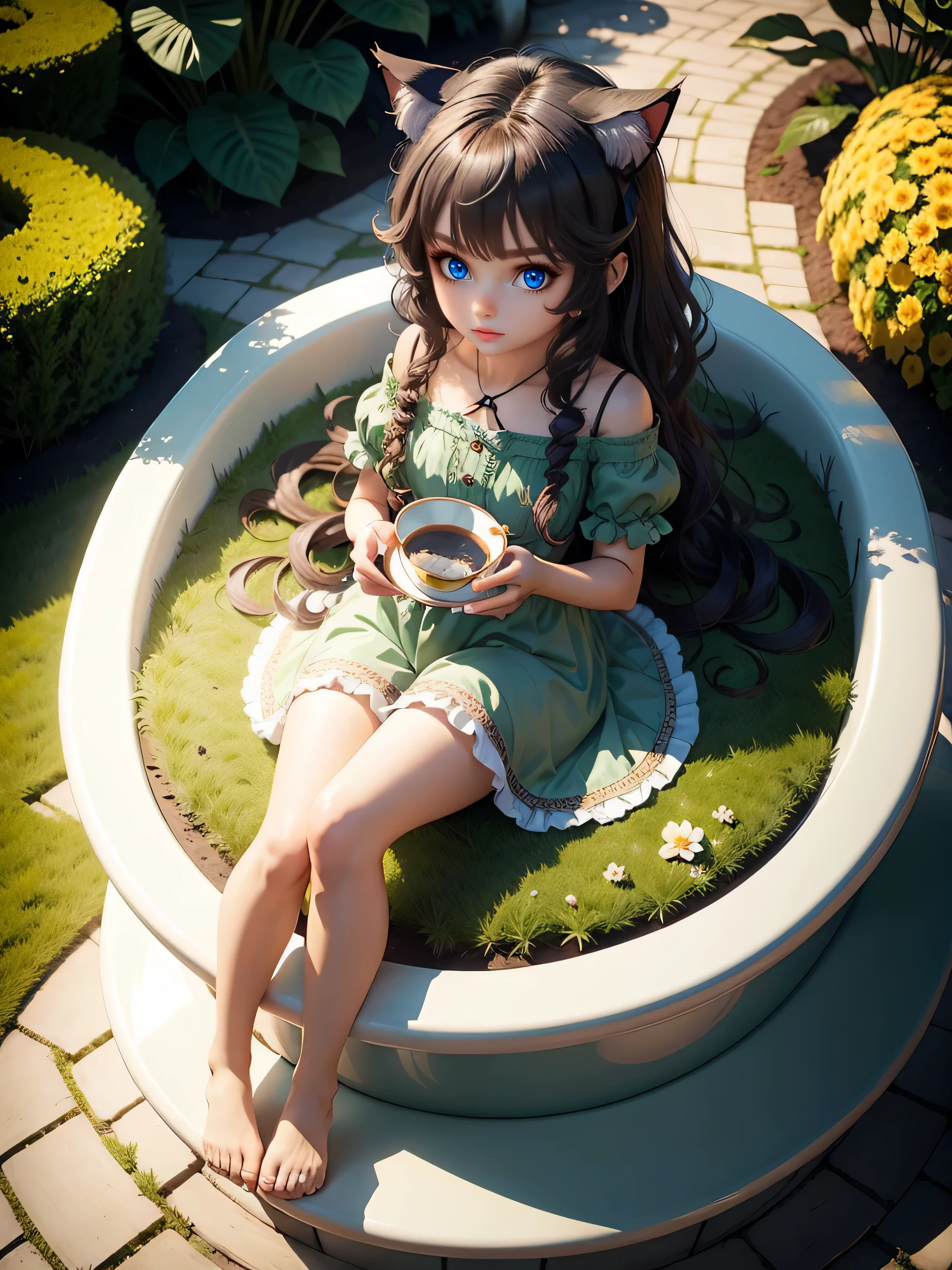Cute Chibi Anime, A little catgirl sitting in a teacup, Blue wavy hair, green eyes, Royal Botanical Gardens