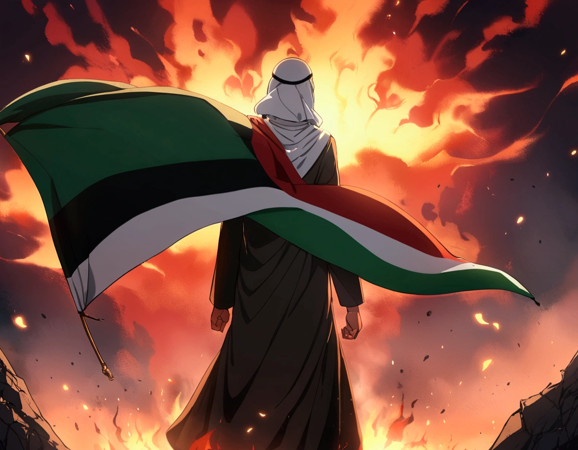 1man, anime, muslim, standing with palestine flag