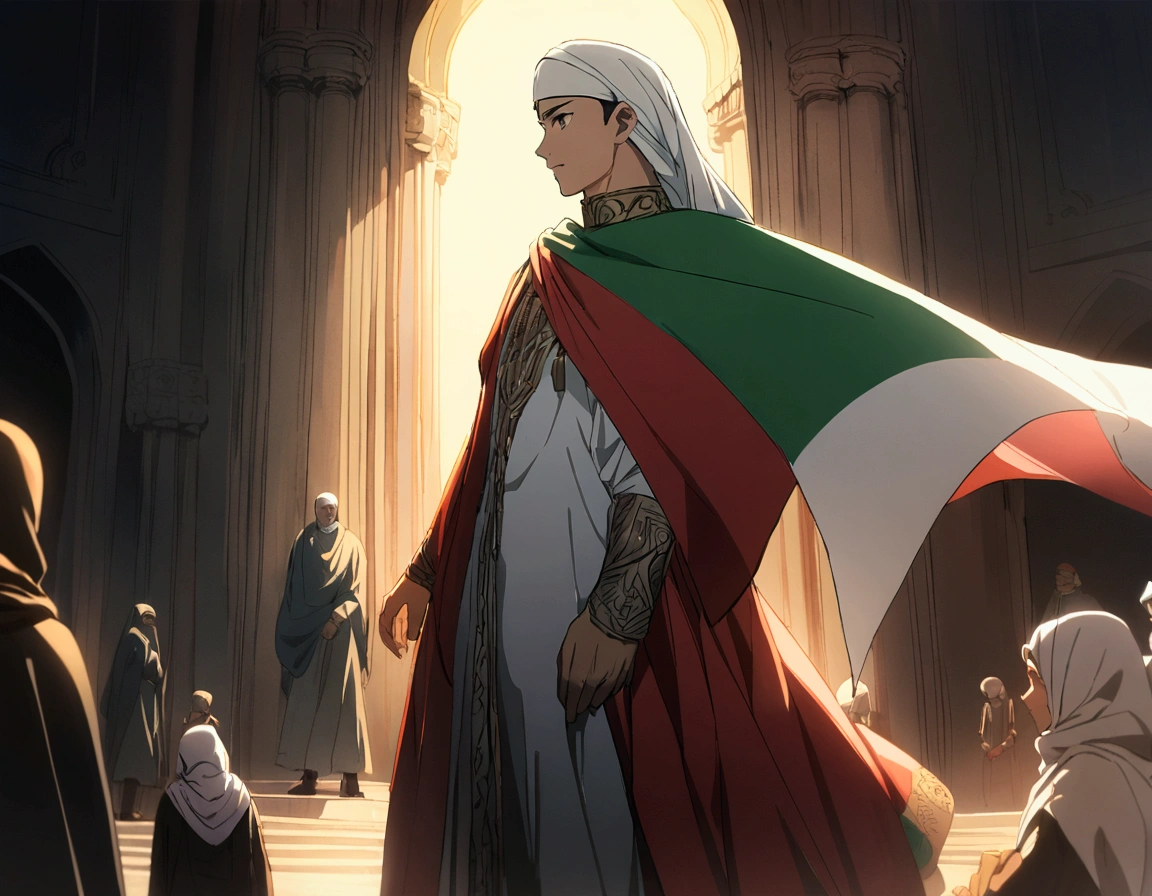 1man, anime, muslim, standing with palestine flag
