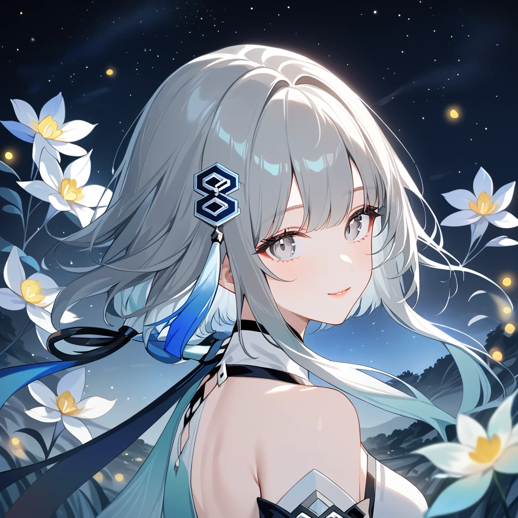 1girl, guizhong_\(genshin_impact\),(grey hair),short_hair_with_long_locks in front and low ponytail in back,gradient_hair,(pale grey eyes with seafoam gradient),starry_sky_print,detached_sleeves white outside blue starry inside, hands completely hidden by long sleeves,stunning field of softly glowing cerulean and white glaze lilies,night scene,gentle smile,face focus, eye focus,ladyshadow,moonlight,glossy lips,vivid anime coloring,cel shading,smooth, soft dreamy focus,anklet,halter_top,white clothes,highly detailed,digital painting,bare_shoulders,barefoot,cool night tones, magical night scene,bokeh, professional,anemo colored fireflies,nebula of stardust and silvery vapor,harmonious blend of nature and art,transcendent beauty,awe-inspiring artwork,(best quality,4k,8k,highres,masterpiece:1.2),yunamaro,carnelian,dsmile,cosmic stardust