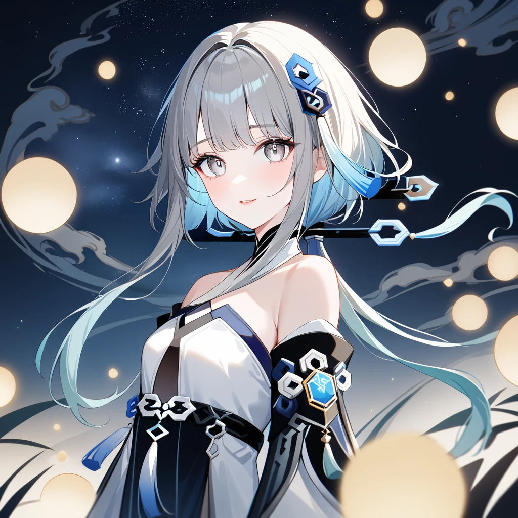 1girl, guizhong_\(genshin_impact\),(grey hair),short_hair_with_long_locks in front and low ponytail in back,gradient_hair,(pale grey eyes with seafoam gradient),starry_sky_print,detached_sleeves white outside blue starry inside, hands completely hidden by long sleeves,stunning field of softly glowing cerulean and white glaze lilies,night scene,gentle smile,face focus, eye focus,ladyshadow,moonlight,glossy lips,vivid anime coloring,cel shading,smooth, soft dreamy focus,anklet,halter_top,white clothes,highly detailed,digital painting,bare_shoulders,barefoot,cool night tones, magical night scene,bokeh, professional,anemo colored fireflies,nebula of stardust and silvery vapor,harmonious blend of nature and art,transcendent beauty,awe-inspiring artwork,(best quality,4k,8k,highres,masterpiece:1.2),yunamaro,carnelian,dsmile,cosmic stardust