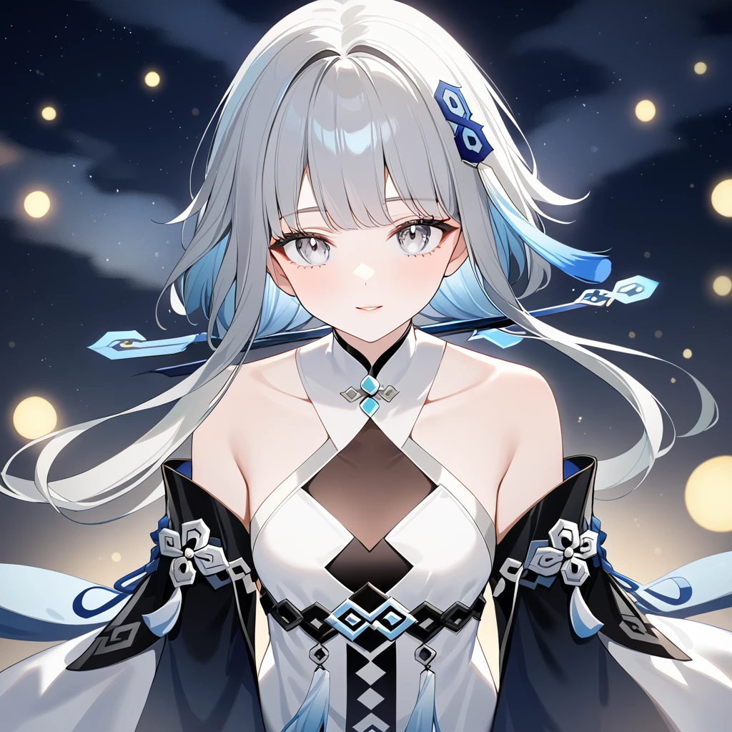 1girl, guizhong_\(genshin_impact\),(grey hair),short_hair_with_long_locks in front and low ponytail in back,gradient_hair,(pale grey eyes with seafoam gradient),starry_sky_print,detached_sleeves white outside blue starry inside, hands completely hidden by long sleeves,stunning field of softly glowing cerulean and white glaze lilies,night scene,gentle smile,face focus, eye focus,ladyshadow,moonlight,glossy lips,vivid anime coloring,cel shading,smooth, soft dreamy focus,anklet,halter_top,white clothes,highly detailed,digital painting,bare_shoulders,barefoot,cool night tones, magical night scene,bokeh, professional,anemo colored fireflies,nebula of stardust and silvery vapor,harmonious blend of nature and art,transcendent beauty,awe-inspiring artwork,(best quality,4k,8k,highres,masterpiece:1.2),yunamaro,carnelian,dsmile,cosmic stardust
