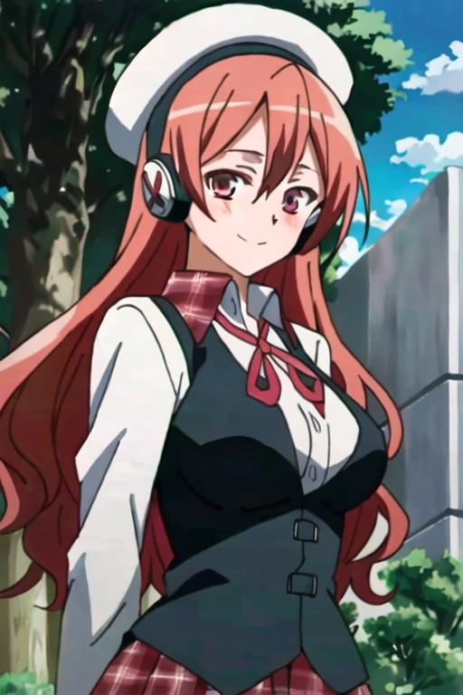 (extremely detailed), (masterpiece), (best quality), (ultra-detailed), (best illustration), (best shadow), (absurdres), (detailed background), Chelsea, 1girl, solo, long hair, headphones, red hair, plaid, smile, closed mouth, red eyes, vest, lollipop, plaid skirt, (white beret), white hat, looking at viewer, candy, pink eyes, anime coloring, big breasts, city background