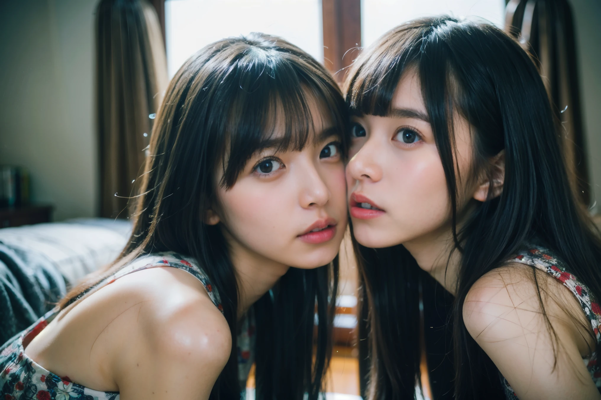 (Ultra-realistic), Highest quality, Ultra-high resolution, ((kiss (Twin Slim Girls)), (舌kiss: 1.2), (フレンチ・kiss: 0.8), bangs, Asian, indoor, Detailed face, Black thighs, Good eyes, short hair, compensate, Detailed black hair, migraine, Cosplay, Blurred window background, jewelry, (Pure Eros Face_v1:0.8), (Urzan-6500:0.66)、