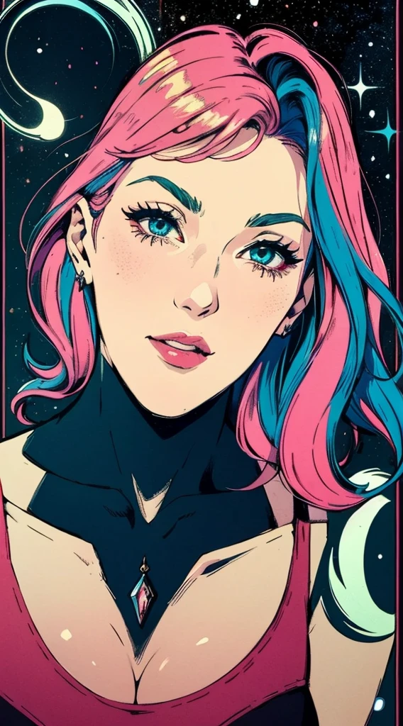 medium pink hair, blue colored eyes, pale skin, demon, claws, bangss, gothic art, full body shot shot, elegant pose, ssmile, Romanticism, work of art, anatomically correcte, high qualiy, super detaill, best qualityer, 4K, 8k, Perfect Woman, the most beautiful woman, her face has to be symmetrical and beautiful, baby pink hair, best qualityer final, beautfull woman, speech bubble, Galaxy,60s,70s,80s,colorfully,cosmo,space, detailed pink hair, delicate and well-detailed face,