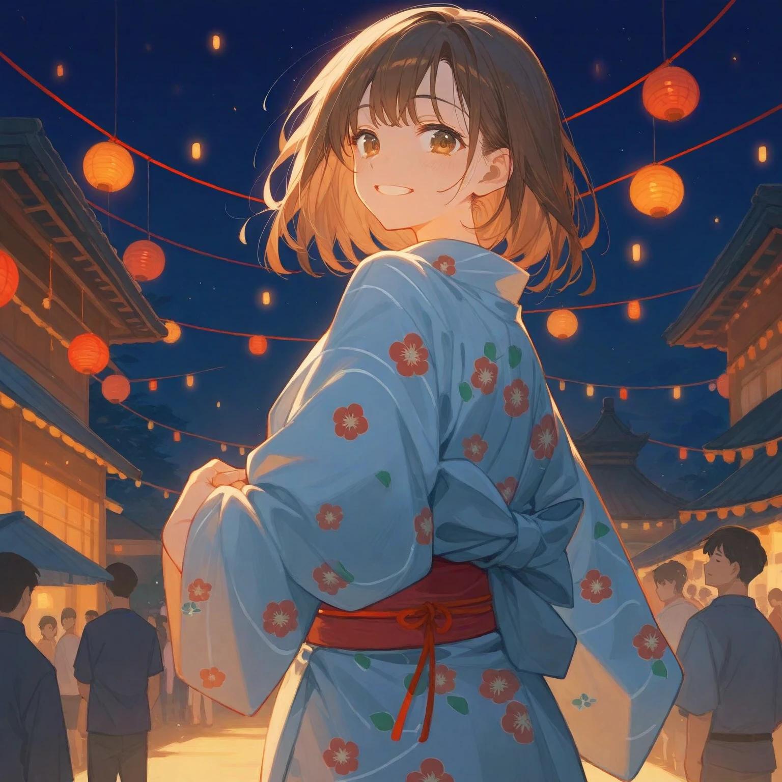 score_9, score_8_up, score_7_up, score_6_up, score_5_up, score_4_up, masterpiece, best quality BREAK 1girl、yukata, brown hair, red ribbon obi, hand out smile BREAK summer festival, night