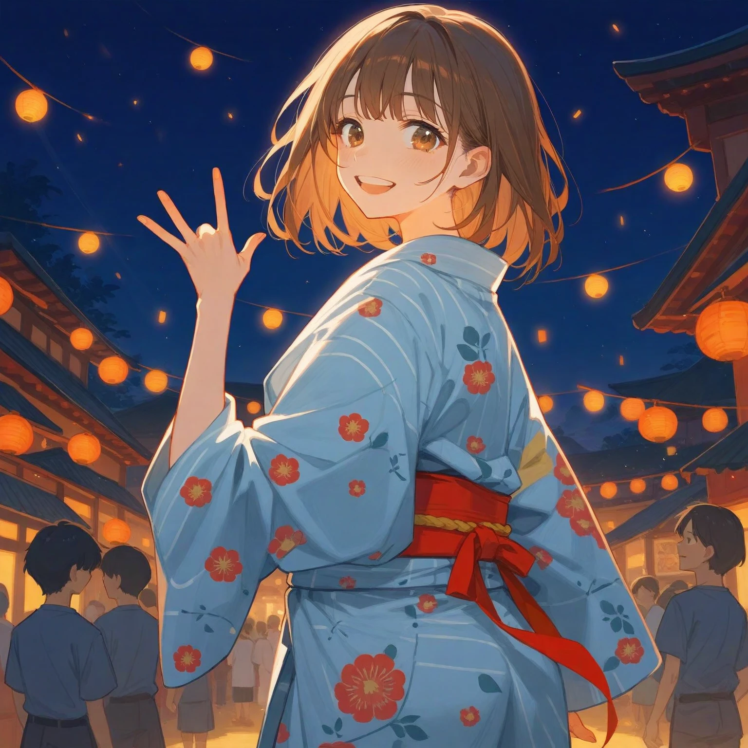 score_9, score_8_up, score_7_up, score_6_up, score_5_up, score_4_up, masterpiece, best quality BREAK 1girl、yukata, brown hair, red ribbon obi, hand out smile BREAK summer festival, night