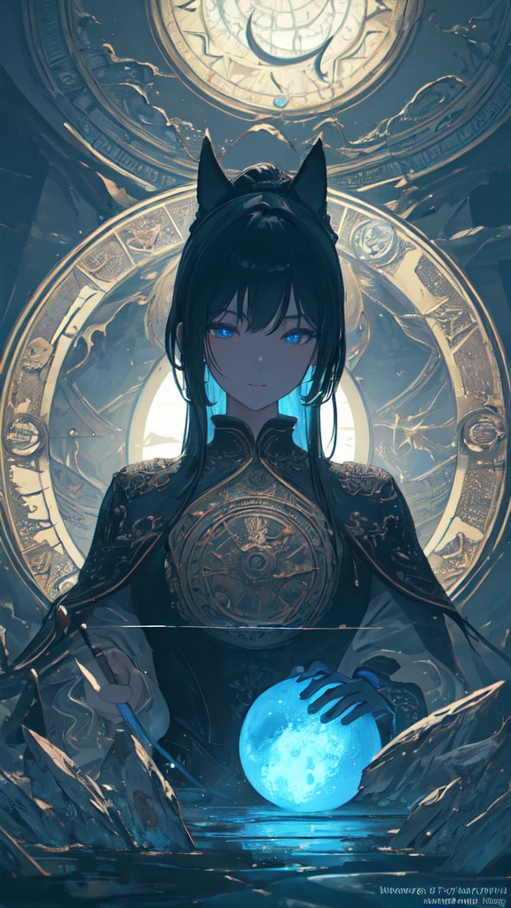 (masterpiece, Highest quality, Very detailed, Best Shadow), (Detailed Background,Dark fantasy), (Beautifully detailed landscapes), High Contrast, (Best lighting, Very delicate and beautiful), ((Cinematic Light)), colorful, Hyper Detail, Dramatic Light, Intricate details, Dynamic Angle), Black light swirling around, Depth of written boundary,black light particles,(Broken glass),magic circle,water,huge clocks,zero,the sun and the moon,Landscape only,There are no people,Watch Center,A clock sinking in water,Blue glowing light,Huge tower and city,Landscape,青く輝く光
