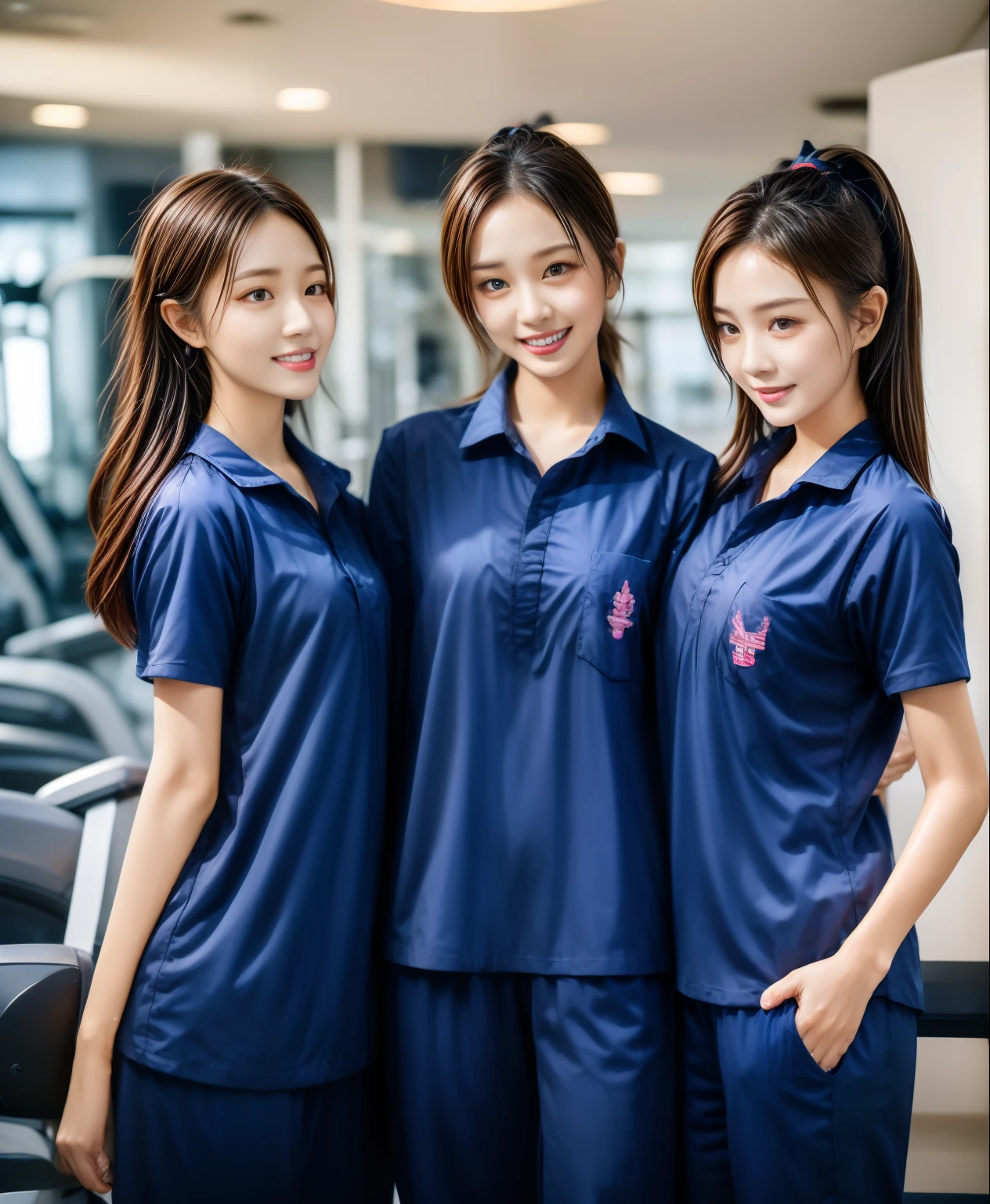 3 girls in fitness center, Navy blue short-sleeved shirt,Navy Long Trackpant,Sweatpants, Sweatpantsขายาว,25 year old girl, lesbian, sexy, exercise clothes, wet body, exercise clothes