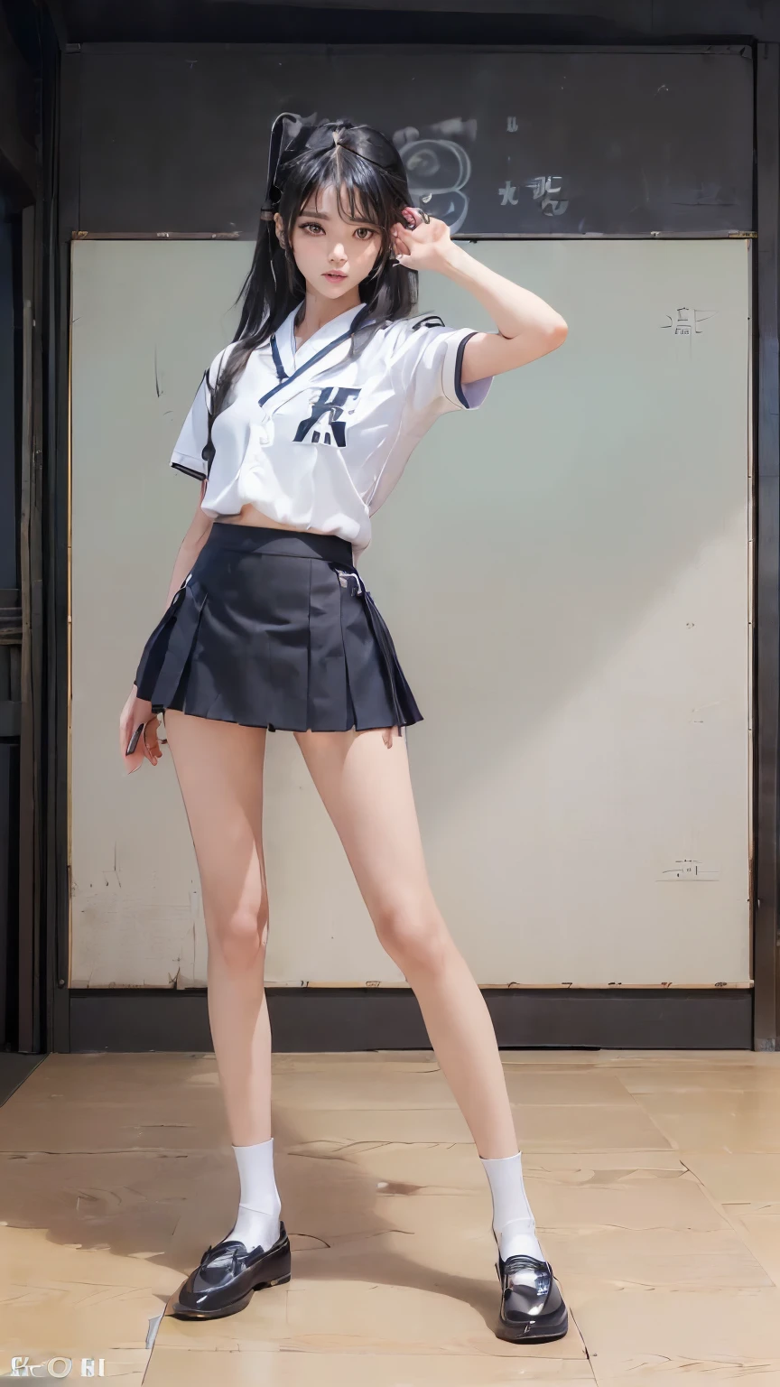 ((masterpiece)),(((最high quality))),(((Girl standing in a school classroom:1.7))),((Photographed from the back of the classroom, facing the blackboard:1.6)),(((Background of rows of desks:1.6))),(((((The background is a modern, clean and tidy classroom.:1.8)))))((((Photograph the whole body:1.8)))),((((((脚を揃えてStand up straight:1.9)))))),((Thin thighs:1.6)),((Long legs:1.7)),(((Micro mini skirt uniform for high school girls:1.6))),((tall:1.8)),((Wearing Japanese summer school girl uniform:1.8)),((スリムなModel body type:1.5)),((Thin legs:1.6)),((Wearing a white short-sleeved school shirt:1.3)),(Age is :1.3),bangs,A small smile,((cute女の子)),Slender girl,((Black Loafers:1.3)),((short white socks up to the ankles,:1.3)),cute,The thigh area below the groin is slim and firm,cute,(Black hair ponytail),Thin legs,スリムなModel body type,Very small waist,Small hips,Long thighs,Thin thighs,Thin hands,Long hands,((((下からPhotograph the whole body:1.7)))),(((((k-popのIVEのWONYOUNGにそっくりの女の子:1.9))))),((Stretch your whole body straight:1.8)),((((Look only ahead:1.7)))),((tall:1.4)),(Stand with your legs straight and without bending your knees:1.7),((Stand up straight:1.9)),The ankles are super thin,beauty,Fine skin,Firm Skin,引き締まったThin legsの肌を細部までリアルに再現,Very detailed, Attention to detail,high quality,Awards,High resolution,(Anatomically correct:1.3),(8k,RAW Photos,最high quality,masterpiece:1.5),(((女の子を下からPhotograph the whole body:1.7))),Height 173cm,((脚を揃えてStand up straight:1.8)),((脚を揃えてStand up straight:1.7)),(((Keep your back straight:1.8))),((I'looking forward to it:1.2)),9 heads,Model body type,((Inseam is half the height:1.5)),(Thin thighs),((k-popのIVEのWONYOUNGにそっくりの女の子:1.5)),RAW Photos,Firm Skin,Fine skin,toned muscular legs,Attention to detail,Vivid,Skin Texture,Genuineな皮膚感,Perfect composition,beautiful,Very detailed,High chroma,Genuine,eyeliner,eye shadow,High nose,Small nostrils,Small Mouth,Seductive lips,,(((High school student shirt with red ribbon on the chest:1.3))),beautiful girl,beautiful girl