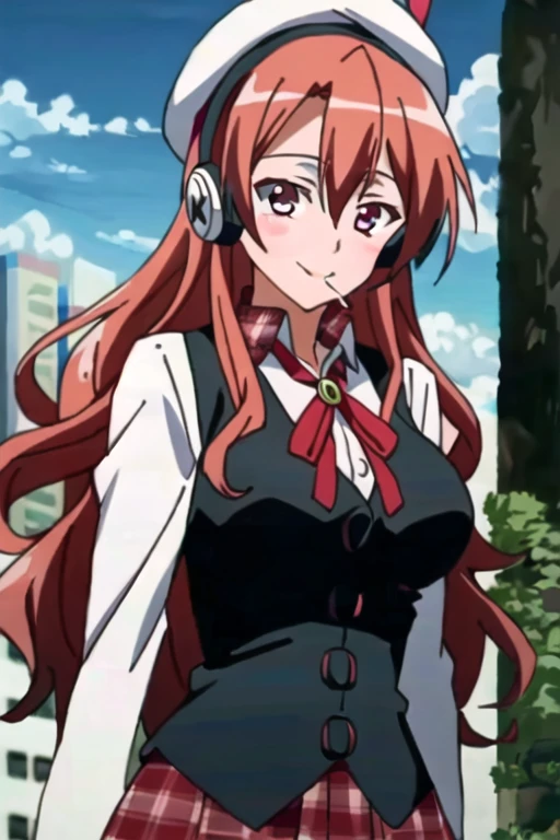 (extremely detailed), (masterpiece), (best quality), (ultra-detailed), (best illustration), (best shadow), (absurdres), (detailed background), Chelsea, 1girl, solo, long hair, headphones, red hair, plaid, smile, closed mouth, red eyes, vest, lollipop, plaid skirt, (white beret), white hat, looking at viewer, candy, pink eyes, anime coloring, big breasts, city background