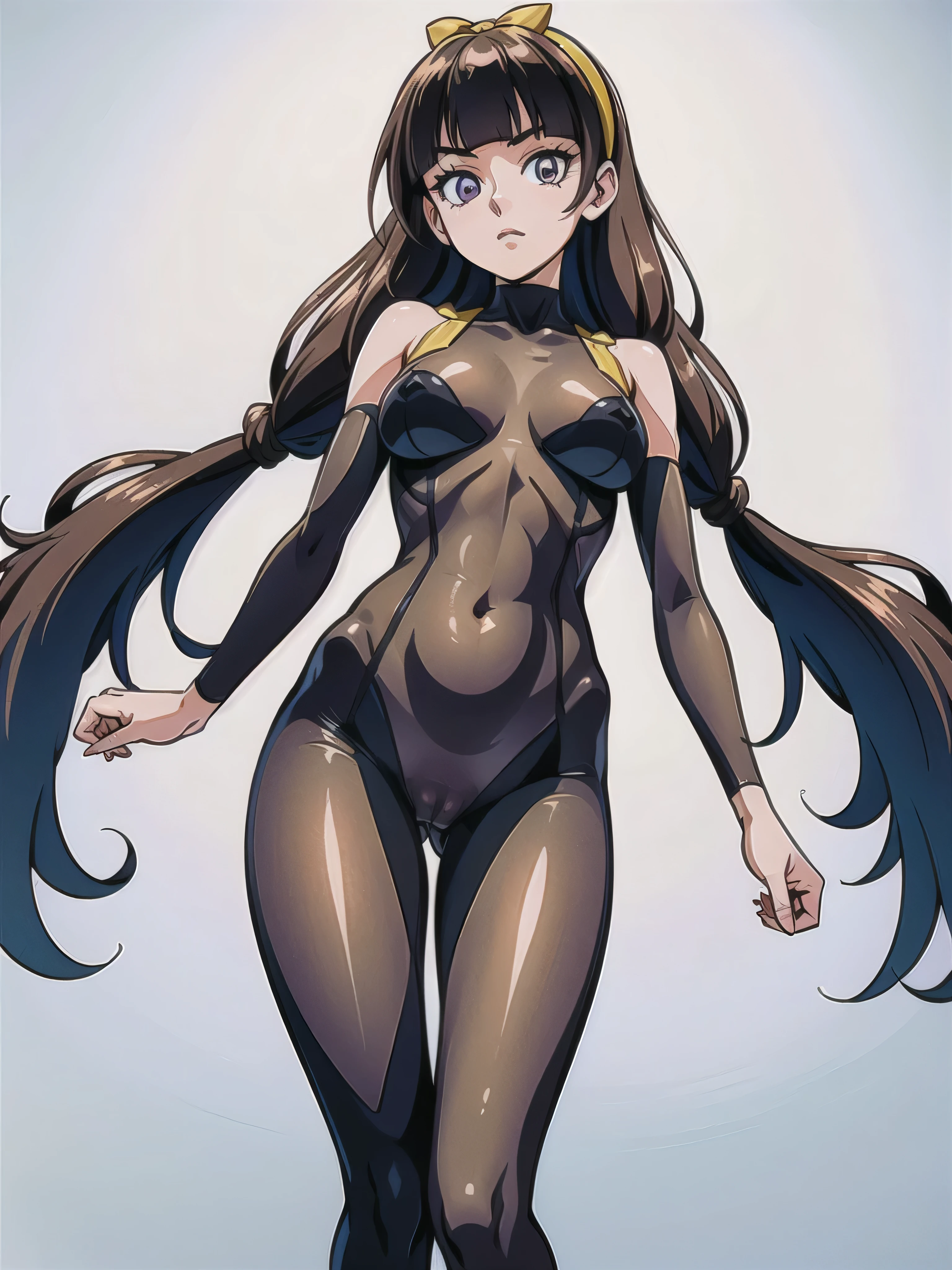 1 girl, (solo), ((amanogawaki)), best quality, highres, high quality, 8k, HD, super detail, anatomically correct, UHD, accurate, (masterpiece:1.0), (high quality:1.0), (ultra detailed), (no Background), (White Background), ((Adult)), Yellow Headband, (upper body:0.9), (from below:1.4), ((Contrapposto:1.5)), (bodystocking:1.3), Looking at viewer, Looking down, transparent bodystocking, (((black transparent bodystocking)))