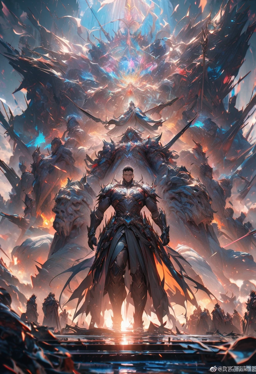 masterpiece, 8k, best quality, highly detailed, a human male king surrounded by several weapons emanating different elemental auras