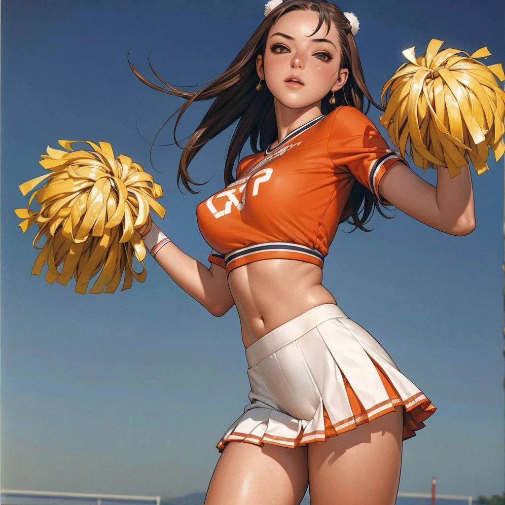 (((Cheerleader))), (best qualityer))), (((manga strokes))), (((long hair ))), Kizi líder de torcida com roupas típicas, pleated mini skirt, crop top with university logo, rugby cheerleaders, sculptural body, corpo fitness, huge pom poms, cheerleader dance, (((best qualityer: 1.4))), (Unbeatable masterpiece), (hiper HD),(CG 8k hyper-realistic), Kizi, (((standing alone))), (((18-years old))), sexly, pose de atitude, work of art, (((manga style))), perfectbody, roupa moderna, advanced technology, Football stadium background, (( cowboy shot )). intricate visual