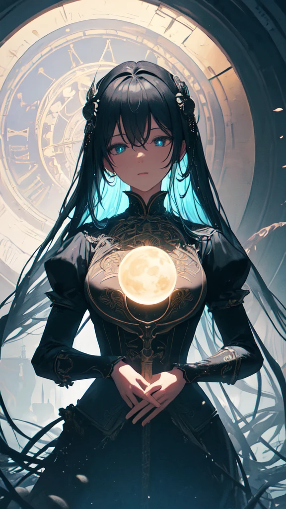 (masterpiece, Highest quality, Very detailed, Best Shadow), (Detailed Background,Dark fantasy), (Beautifully detailed landscapes), High Contrast, (Best lighting, Very delicate and beautiful), ((Cinematic Light)), colorful, Hyper Detail, Dramatic Light, Intricate details, Dynamic Angle), Black light swirling around, Depth of written boundary,black light particles,(Broken glass),magic circle,water,huge clocks,zero,the sun and the moon,Landscape only,There are no people,Watch Center,A clock sinking in water,Blue glowing light,Huge tower and city,Landscape,青く輝く光