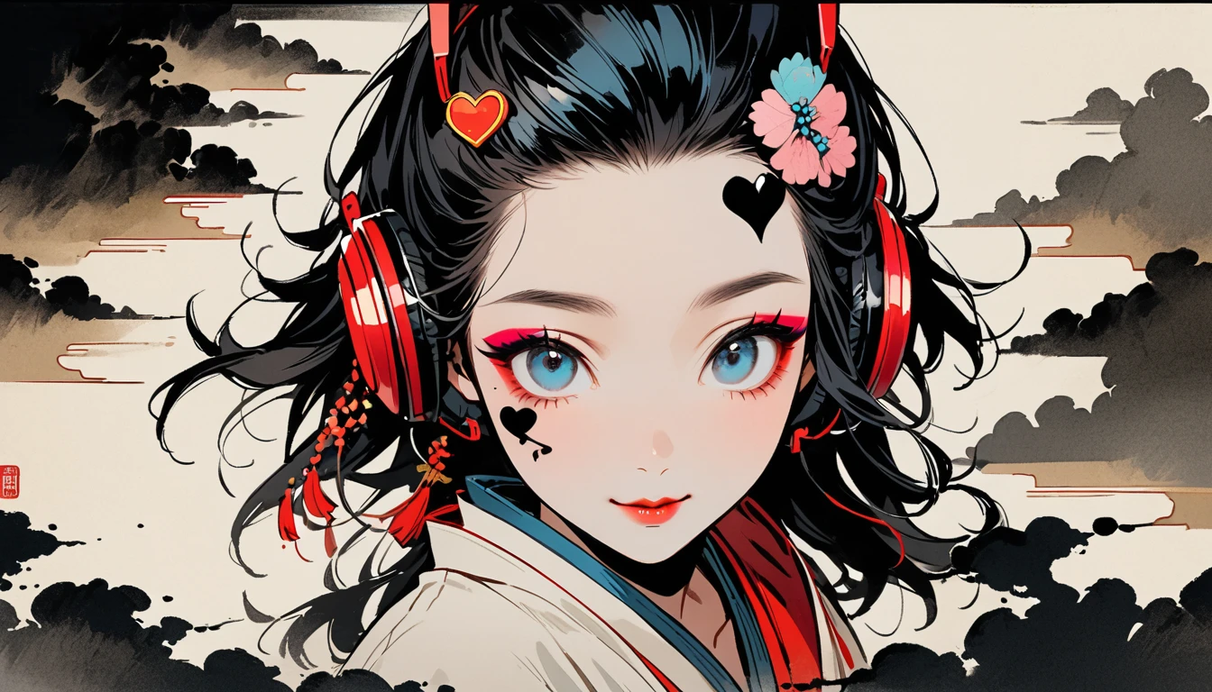 (((Ink Painting))), (((from above))), (((1 female))), (((Heart tattoo on face))), (((Very flashy hair accessories))), (((Very flashy makeup))), Japanese style headphones, Villain, face close-up, front view, Japan人の美少女, Black Hair, Delicate and precise, Modern ukiyo-e style,Japan, Droopy eyes, round face, smile, Fuller lips, vivid color