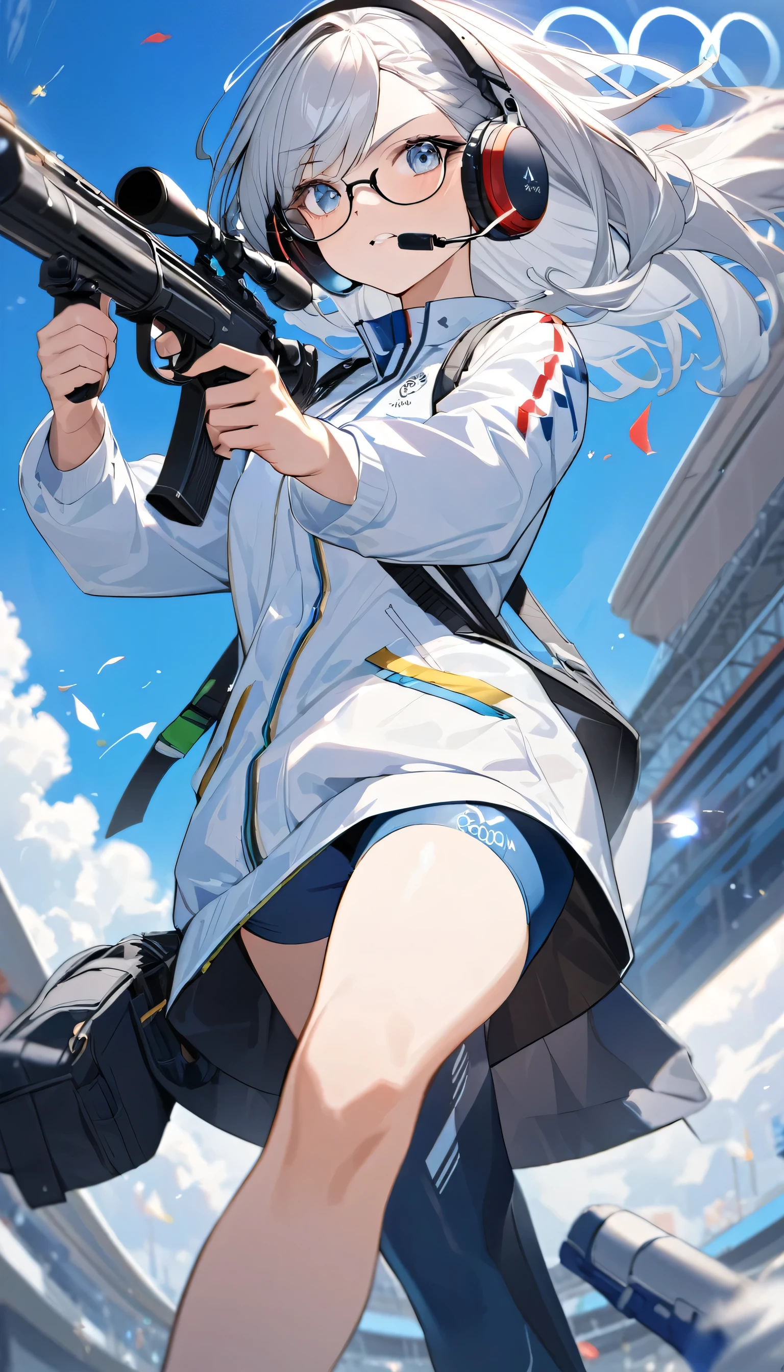 best quality, Good quality, 16K, Unbelievably ridiculous, Very detailed, 2.5D, Delicate and dynamic, Blue sky , shooting,  Shooting Competition，Aiming with a gun，Tight sportswear，Wear noise-cancelling headphones，Wear glasses，Raise your pistol and aim，Sexy 17 Year Old Girl，Standing shooting，Olympic，Olympic Games uniforms，Standing with gun，Prepare for shooting，