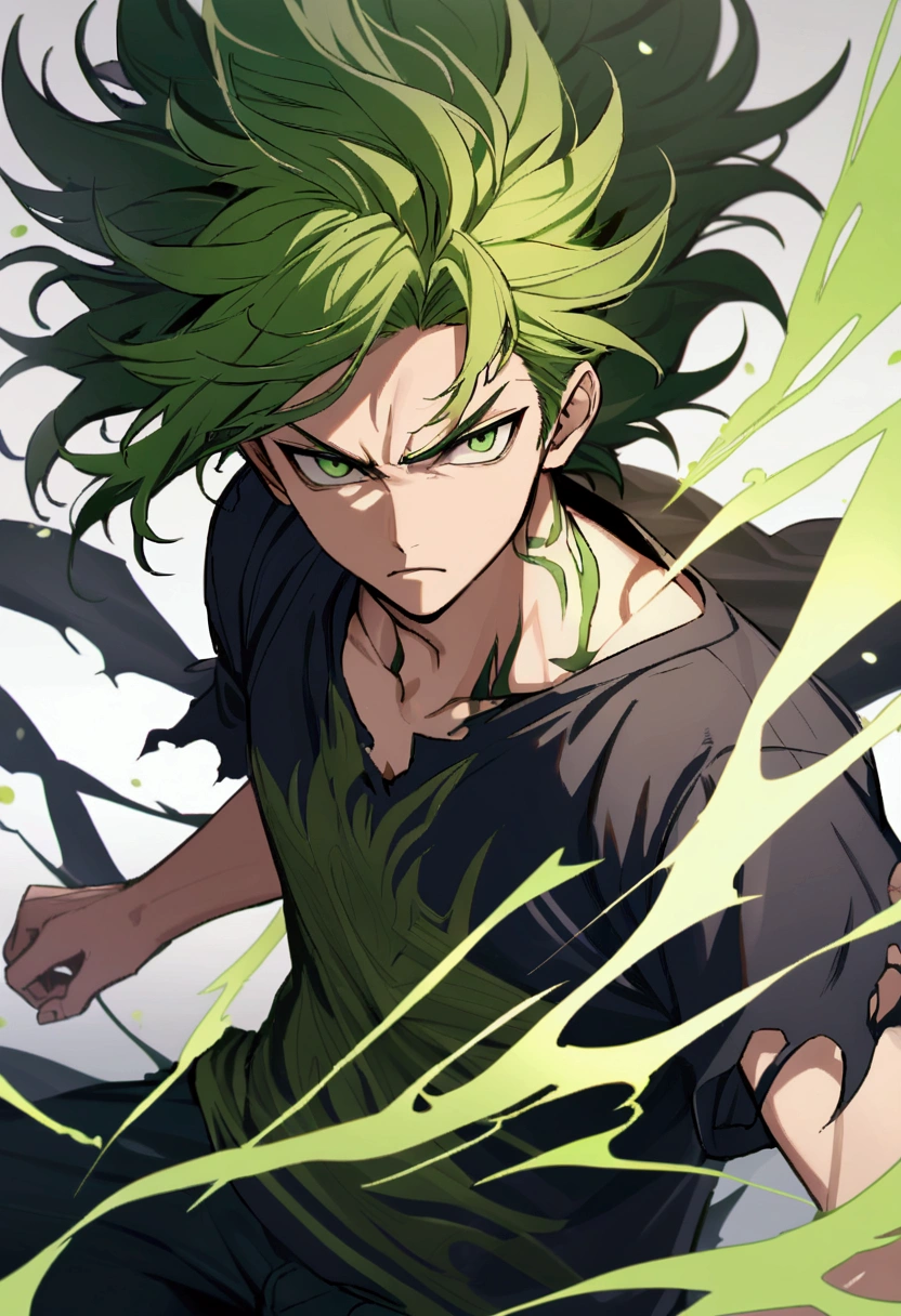age boy, spiky hair, big hair, multicolored gray and green hair, green tattoos on the body, serious face, greeneyes, dark blue casual ripped shirt, wind aura around the character