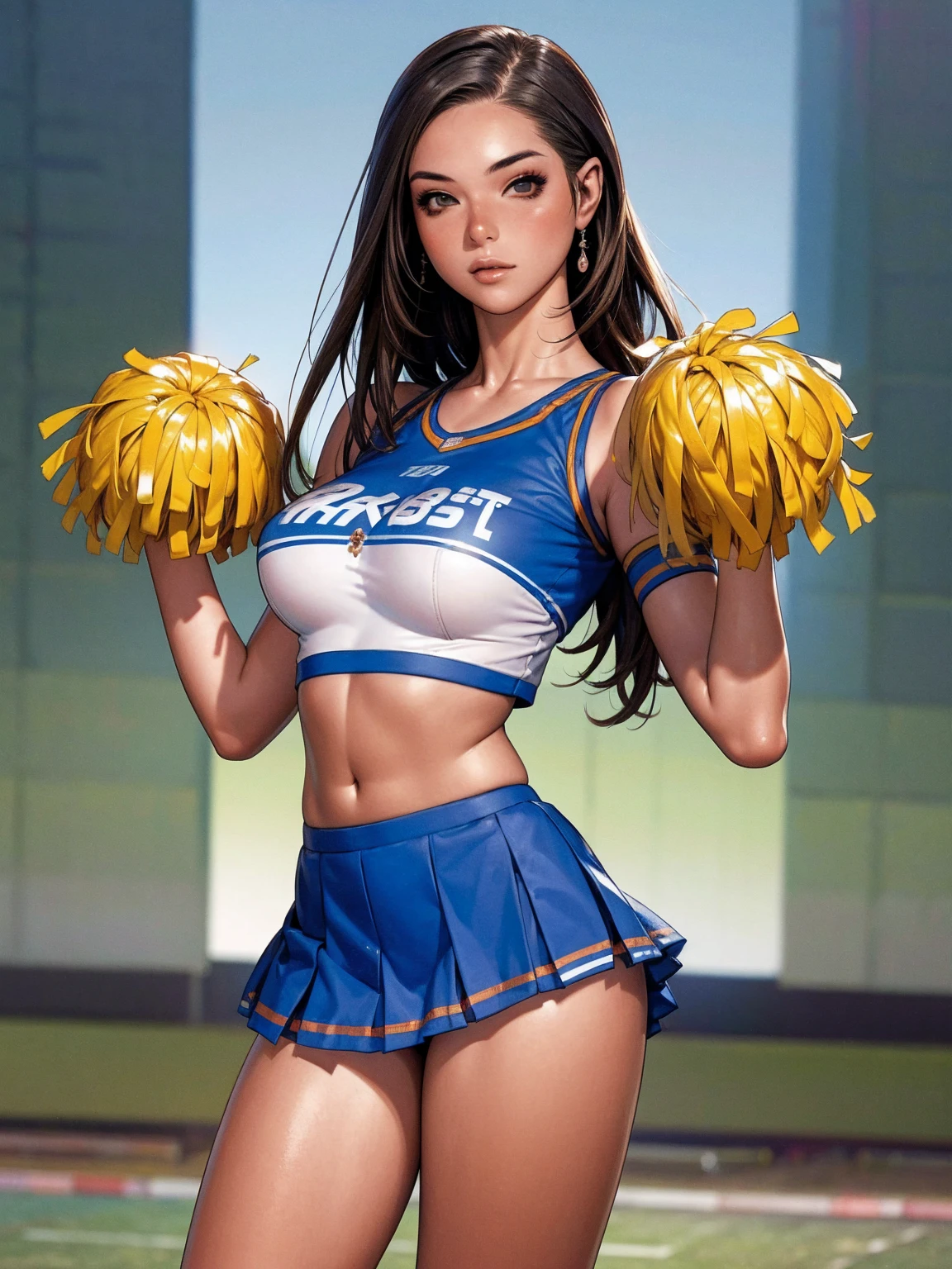 (((Cheerleader))), (((futuristic costume))), (best qualityer))), (((manga strokes))), (((long hair ))), Kizi líder de torcida com roupas típicas, pleated mini skirt, crop top with university logo, rugby cheerleaders, sculptural body, corpo fitness, huge pom poms, cheerleader dance, (((best qualityer: 1.4))), (Unbeatable masterpiece), (hiper HD),(CG 8k hyper-realistic), Kizi, (((standing alone))), (((18-years old))), sexly, pose de atitude, work of art, (((manga style))), perfectbody, roupa moderna, advanced technology, Football stadium background, (( cowboy shot )). intricate visual