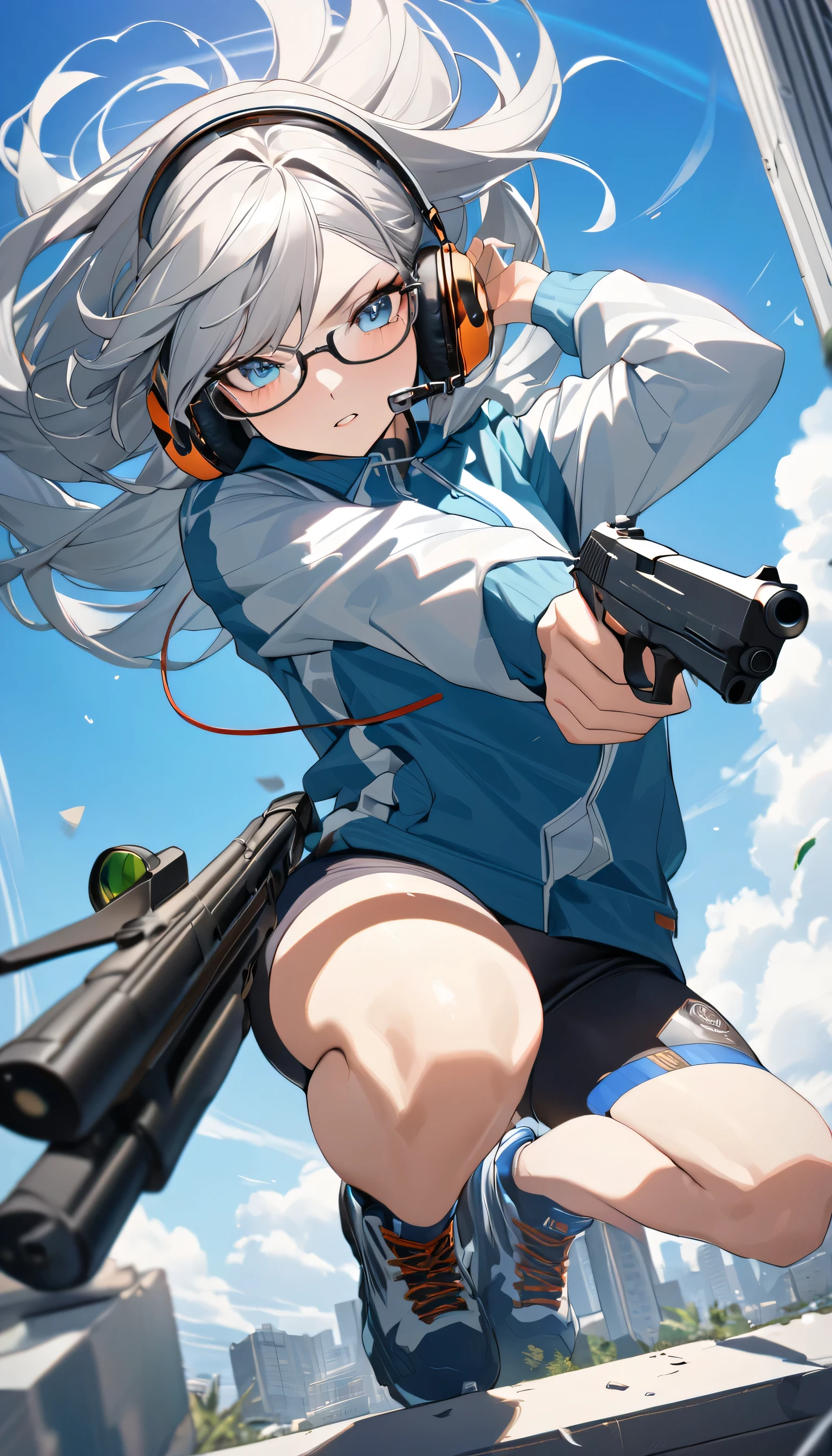 best quality, Good quality, 16K, Unbelievably ridiculous, Very detailed, 2.5D, Delicate and dynamic, Blue sky , shooting,  Shooting Competition，Aiming with a gun，Tight sportswear，Wear noise-cancelling headphones，Wear glasses，Raise your pistol and aim，Sexy 17 Year Old Girl