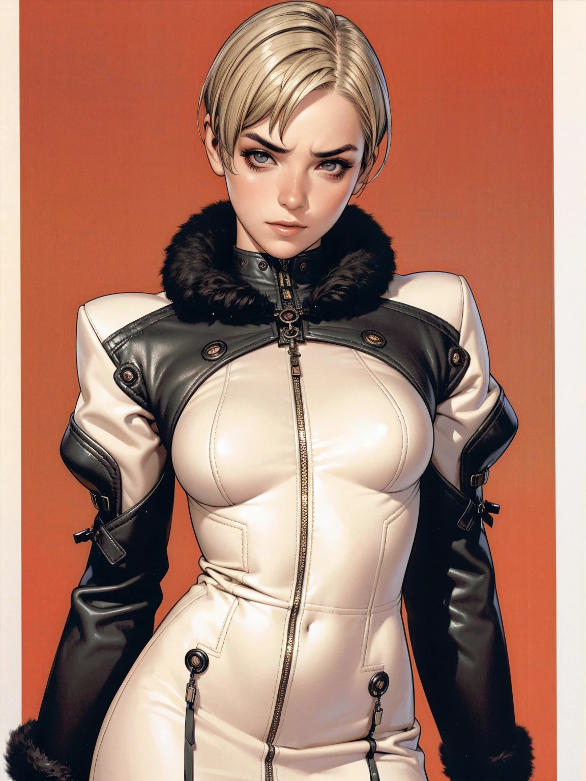 (((best qualityer))), (((manga strokes))), (((Annie Lennox))), (((super short blonde hair))), (((short cut hair))), (((hair shaved on the sides))), short puffy neck top with rivets and screws, uma Kizi jovem muito bem vestida com roupas modernas de inverno, (((dress with red and black vertical seams))), top with vertical stripes, short jacket with dark fur collar, beautiful and expressive face, slightly-smile, big eyes with long black eyelashes, heavy make-up, chains and zippers spread across clothes, contrasting colours, pose de atitude, hair with a modern and futuristic cut, urban game poster art, dramatic camera angles, graffiti art elements in the background, design mixing contemporary and retro by Shepard Fairey, (((cowboy shot))), (((best qualityer: 1.4))), (Unbeatable masterpiece), (hiper HD),(CG 8k hyper-realistic), Kizi, (((standing alone))), pirralha violent, (((14歳))), sexly, pose de atitude, work of art, post-apocalypse, (((manga style))), bounty hunter, violent, Manic, the way you want, slenderbody, thin but strong, perfectbody, roupa moderna, advanced technology, neon, sleeves with vertical striped pattern, neutral background, (( cowboy shot )). intricate visual