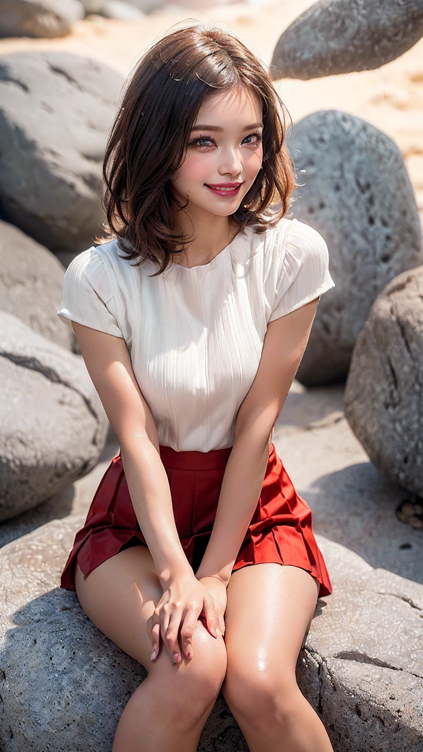 ((Highest quality、8k、masterpiece:1.3))、((Photorealistic、Perfect body line:1.4))、((A super beautiful 22-year-old slender beauty、One woman only:1.4))、((Highly detailed face, skin texture and beautiful eyes、Eye highlights、Light shines in the eyes:1.4))、((Super gal type woman、Chestnut-colored medium hair:1.3))、((Ultra-thin micro shorts、Pleated mini skirt:1.4))、((The ultimate tan:1.7))、((Super flashy, strong gal-style makeup:1.3))、((Voluminous thighs、Sit and look straight at me、A very narrow space surrounded by rocks、Face clearly visible、Very shy and red-faced、smile:1.5))